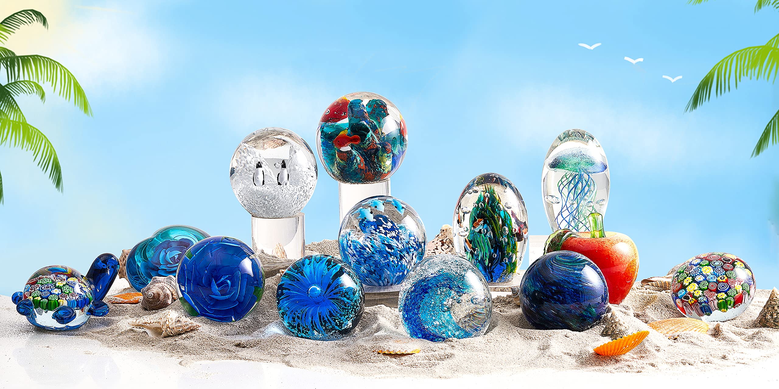 EUSTUMA Hand Blown Glass Underwater World Paperweight - Unique Office Desk Decor, Aquarium Ornament for Ocean Lovers - Perfect Gift for Home, Office & Marine Theme Decorations