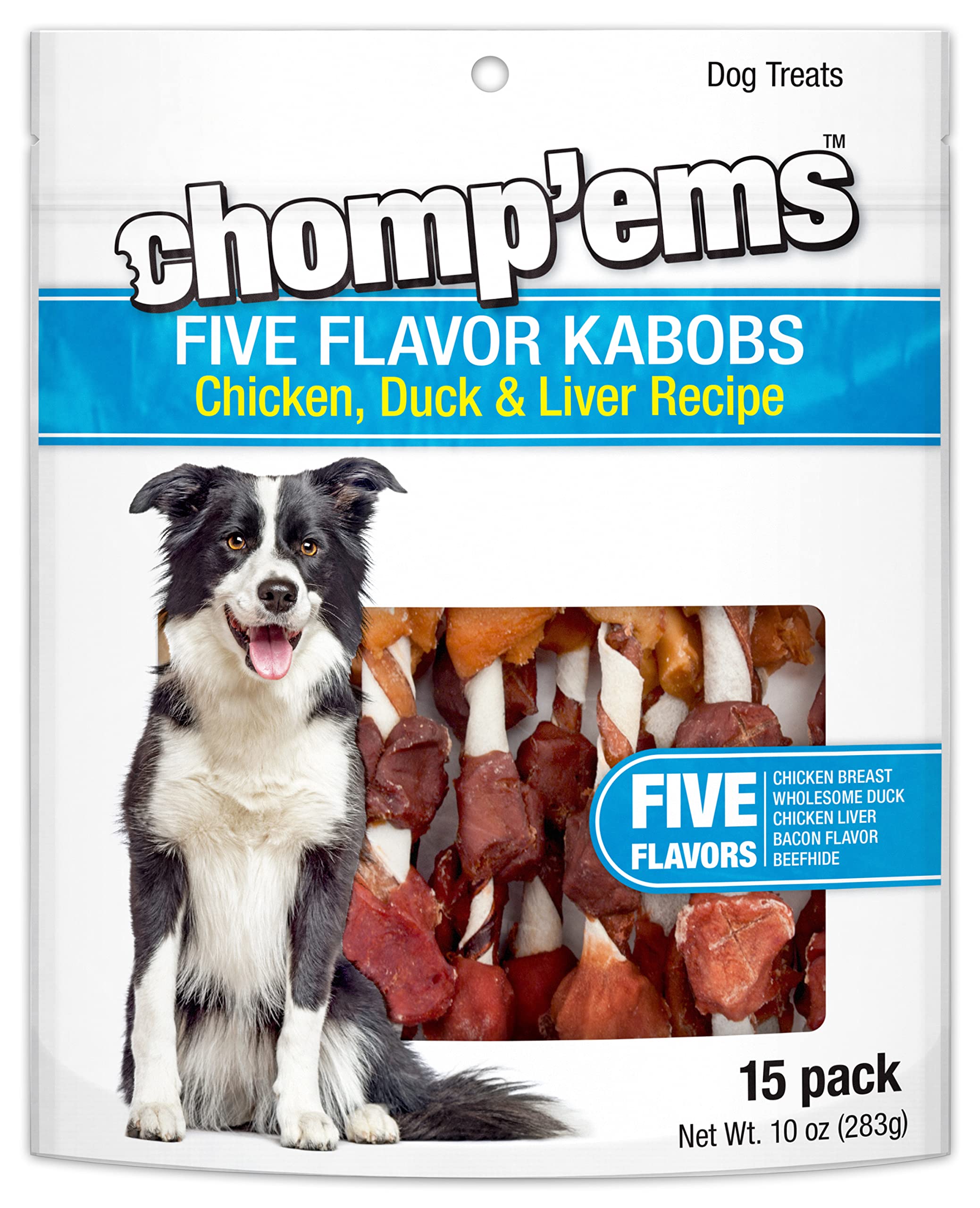 CHOMP 'EMS Five Flavor Kabobs Dog Treats - Beefhide Chewsticks for Dogs - High Protein, Long-Lasting Dog Chews (15 Count) - Perfect for Training, Teething & Dental Health
