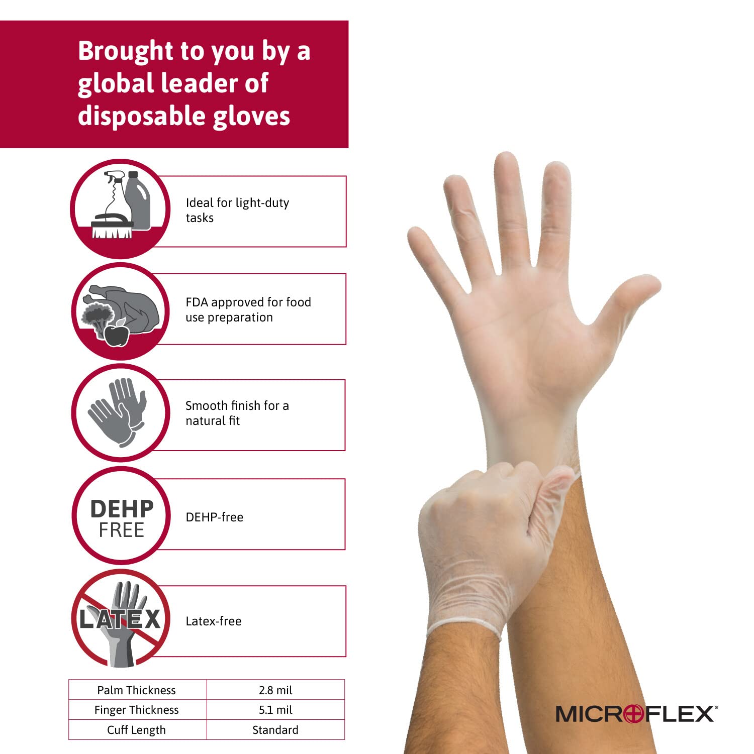MICROFLEX V28 Powder-Free Disposable Vinyl Gloves - Food Safe, Latex-Free for Food Handling, Light Cleaning & Kitchen Use (300 Count) - Smooth Surface for Comfort & Dexterity