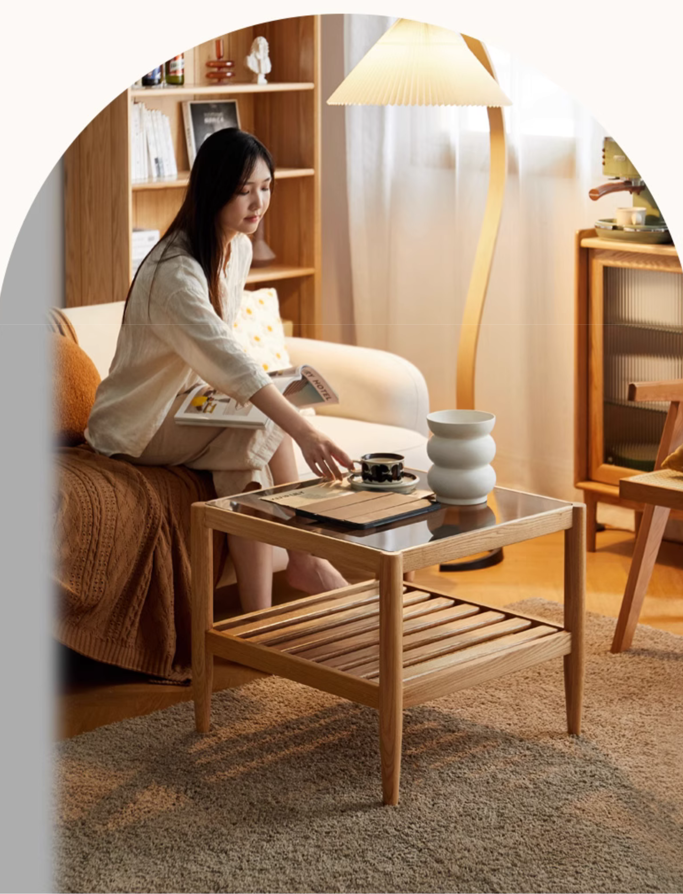 Modern Oak Solid Wood Nordic Glass Coffee Table - Minimalist Living Room Furniture for Small Spaces, Home Decor, and Cozy Gatherings