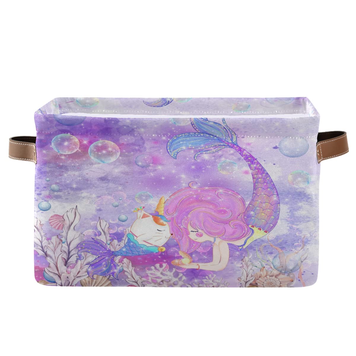 Mermaid Square Storage Basket - 2 Pack Canvas Storage Bins for Home & Office Organization | Closet, Shelf, Bathroom & Kids Room Organizer