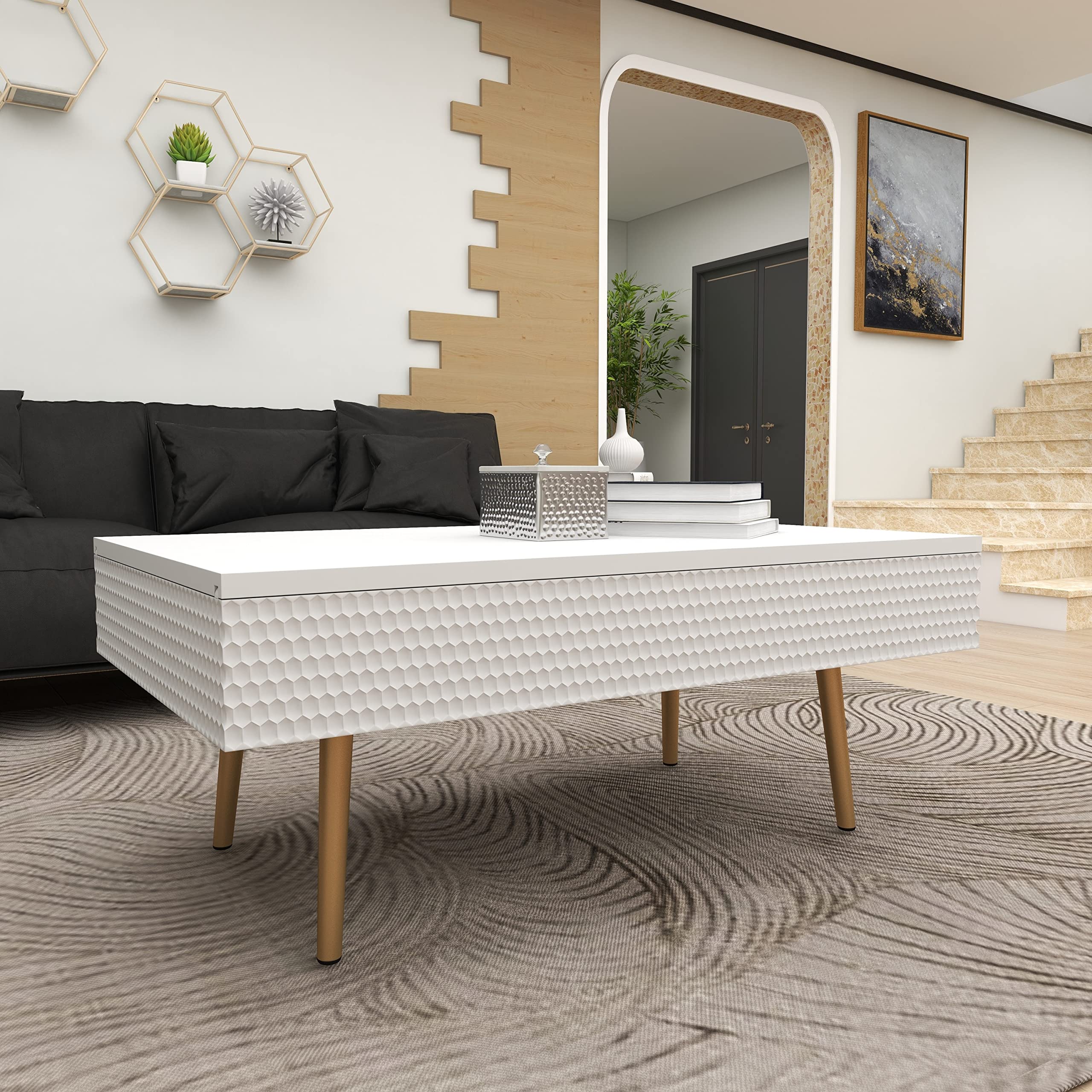 Deco 79 White Wood Coffee Table with Storage & Gold Legs for Living Room