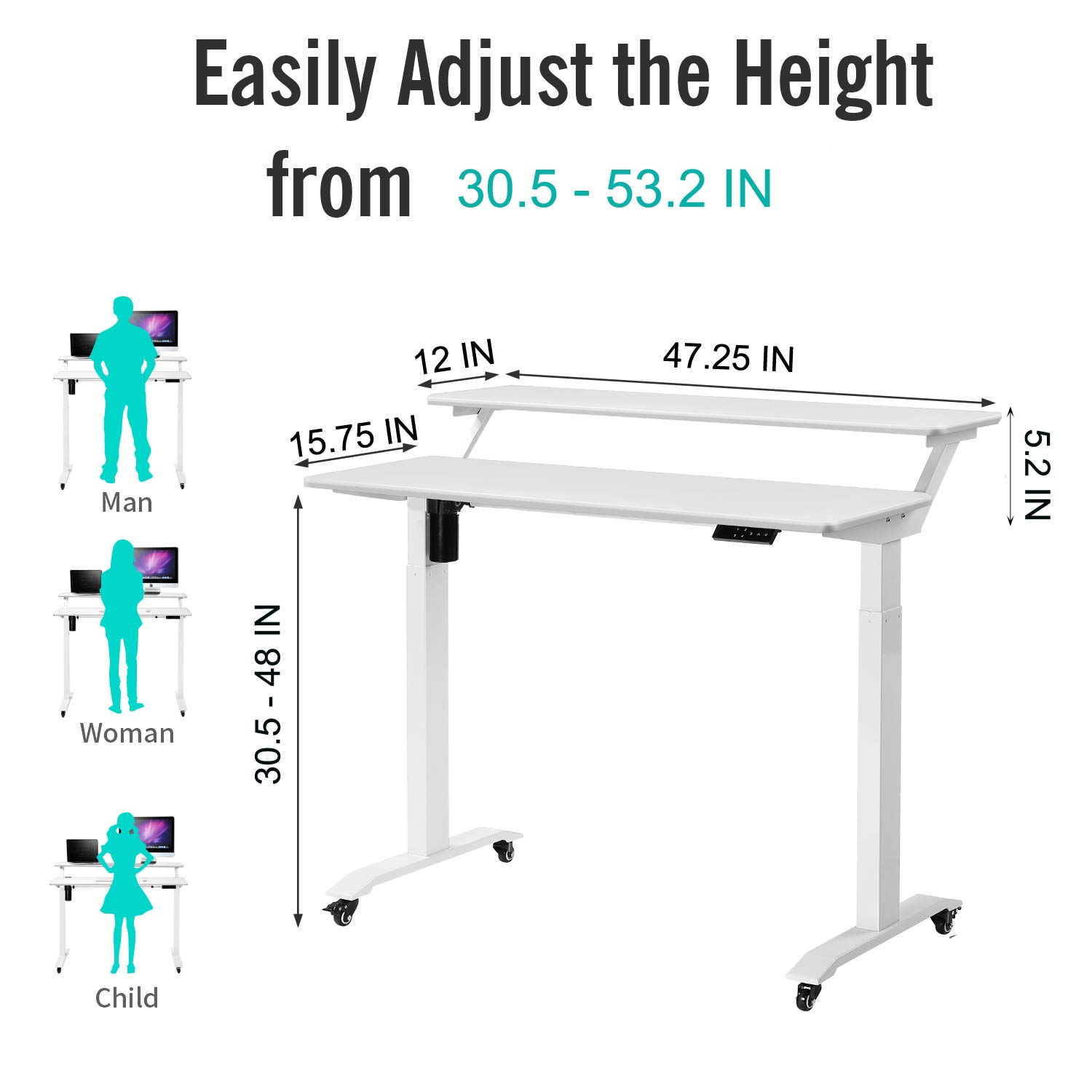 UNICOO Adjustable Standing Desk with Wheels - 2-Tier Mobile Gaming Desk for Home Office & Workstation