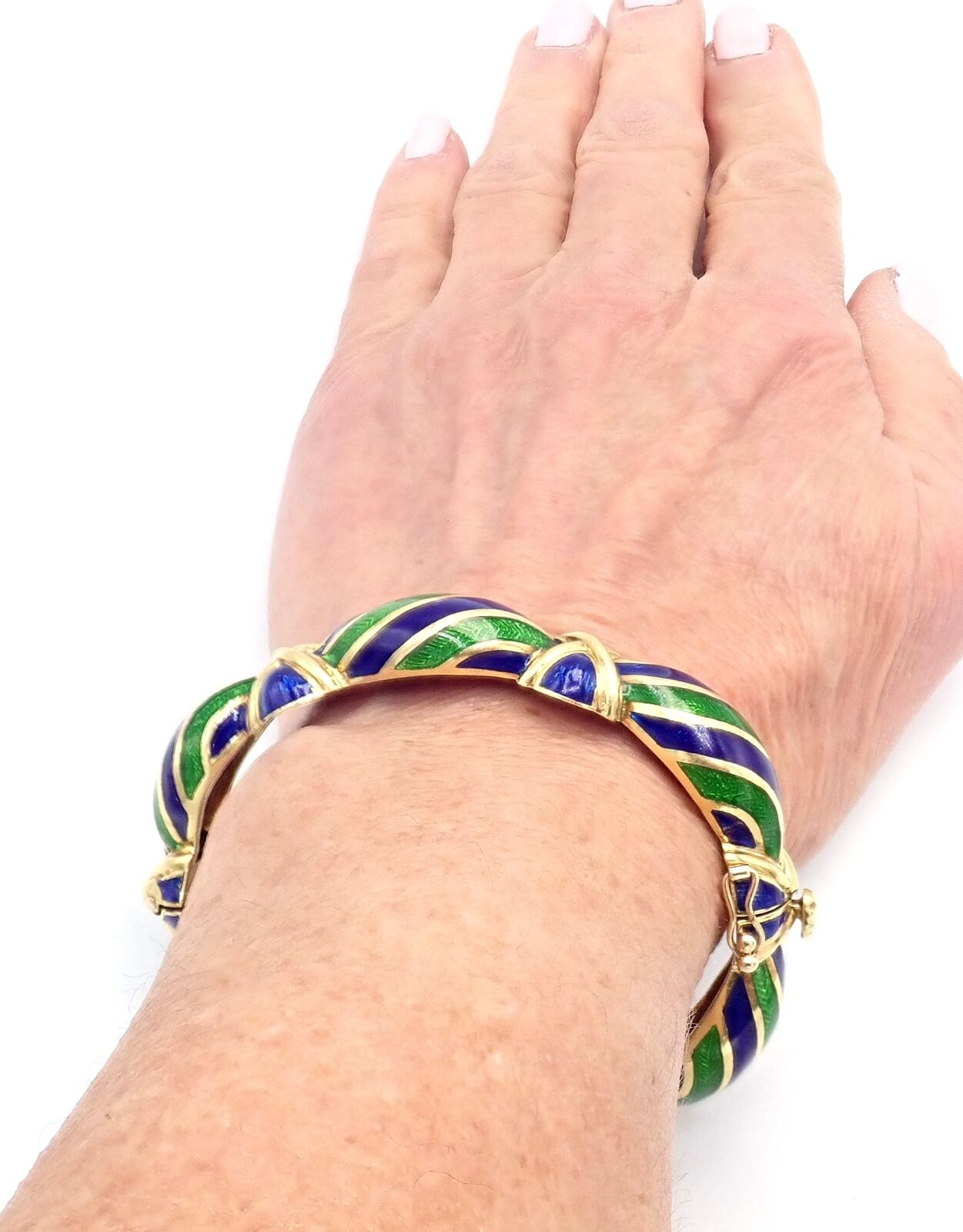 Authentic Vintage Tiffany & Co 18k Yellow Gold Enamel Bangle Bracelet with Green & Blue Design - Perfect for Weddings, Anniversaries & Luxury Gifts