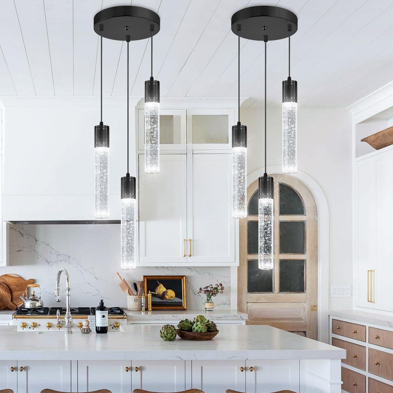3-Lights Pendant Lighting Fixture - Modern Crystal Chandelier for Kitchen Island, Dining Room & Bedroom - 6000K White LED Black Hanging Lights - Perfect for Home Decor, Restaurant & Office Spaces