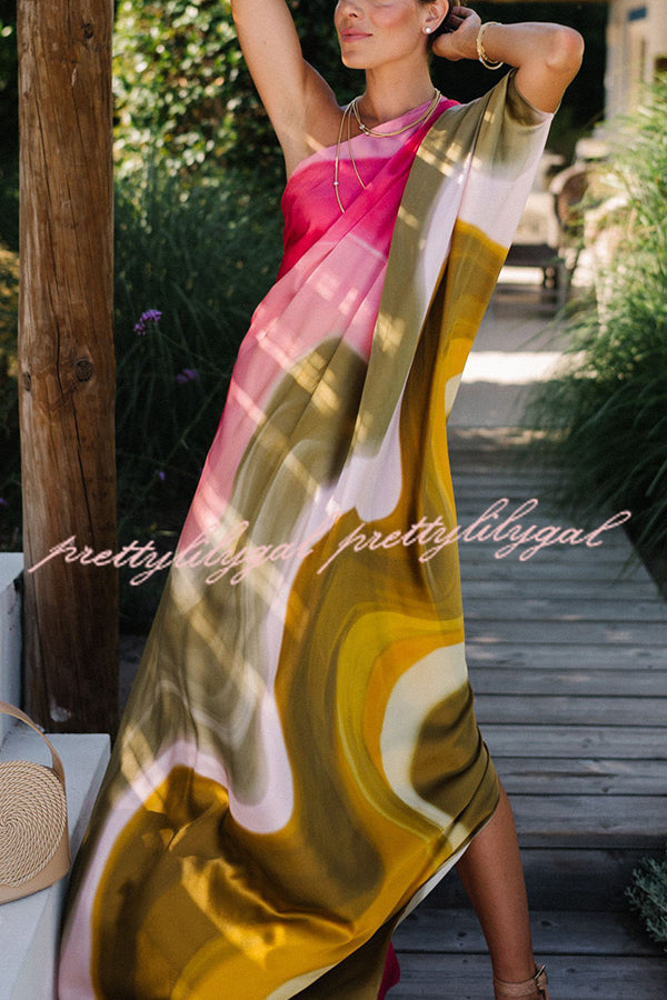 Stylish Satin Tie-Dye One Shoulder Maxi Dress for Women - Summer Vacation & Beach Party Outfit