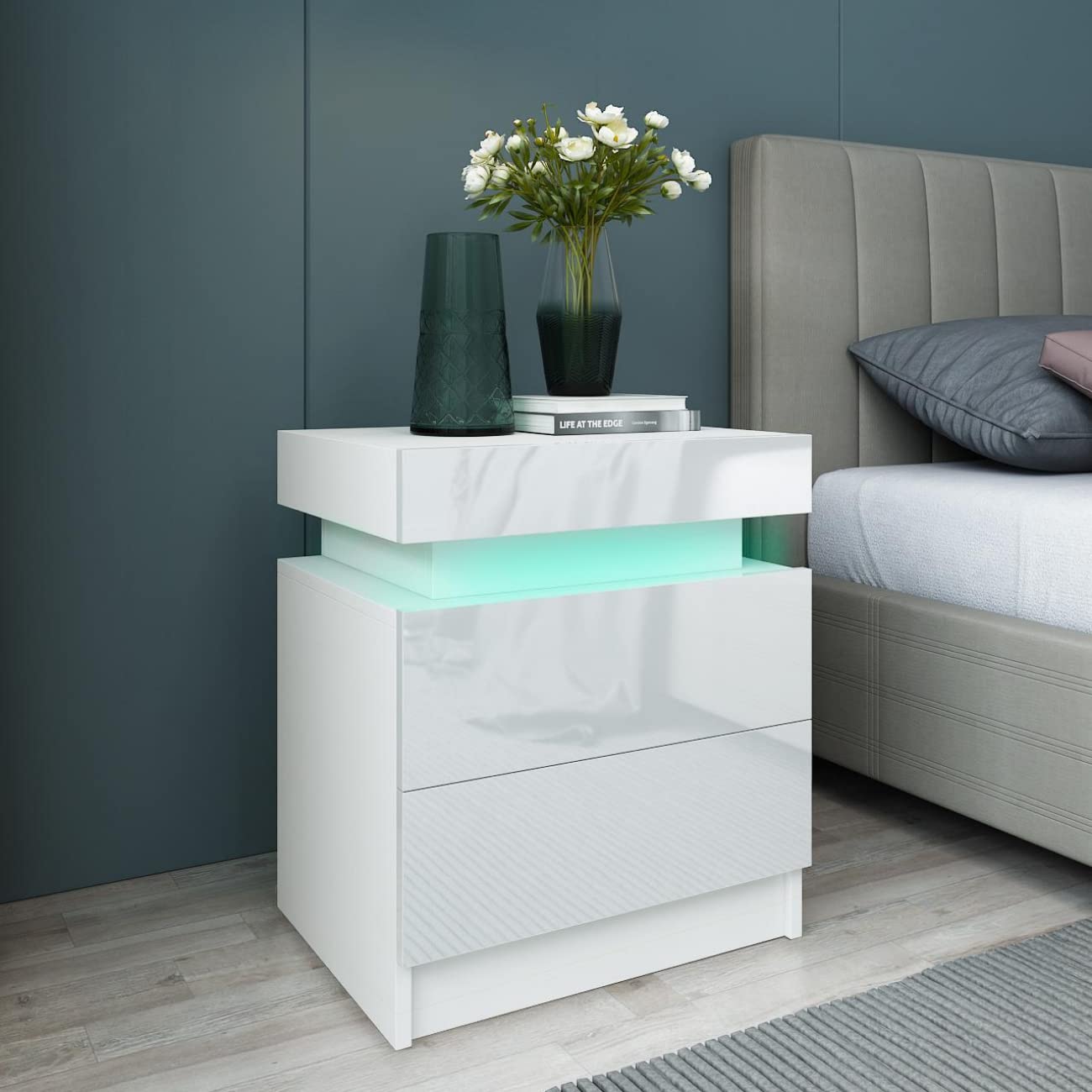 Modern White LED Nightstand with Remote Control - 16 Color Changing Lights, 2 Drawers & Open Storage, High Gloss Finish Bedside Table for Bedroom, Living Room | Perfect for Reading, Charging Devices & Creating Ambient Lighting