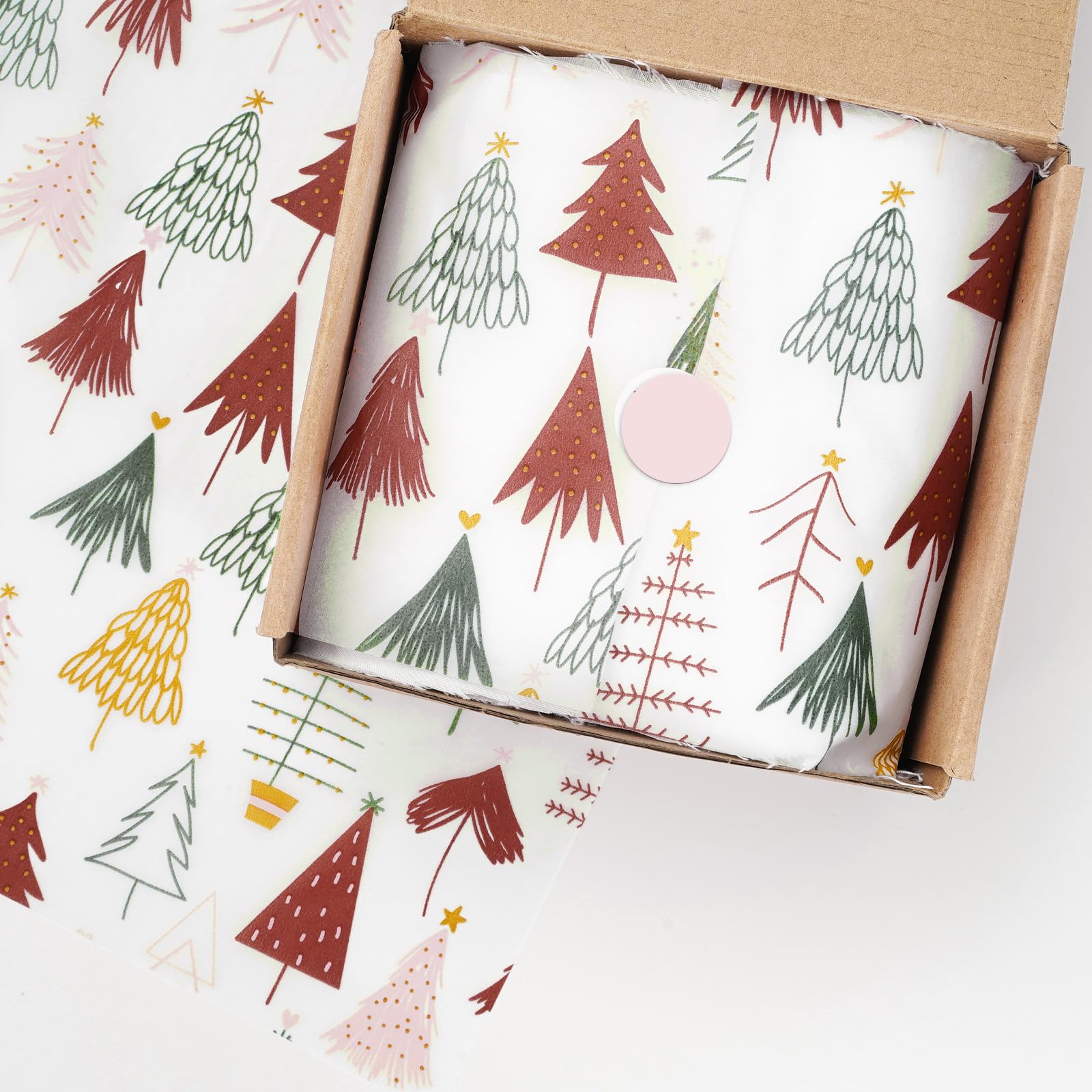Whaline 100 Sheets Christmas Tissue Paper - Boho Forest Design with Pink Trees for Gift Wrapping, DIY Crafts, Home Decor | Perfect for Holiday Gifts, Party Favors & Winter Season Decorations