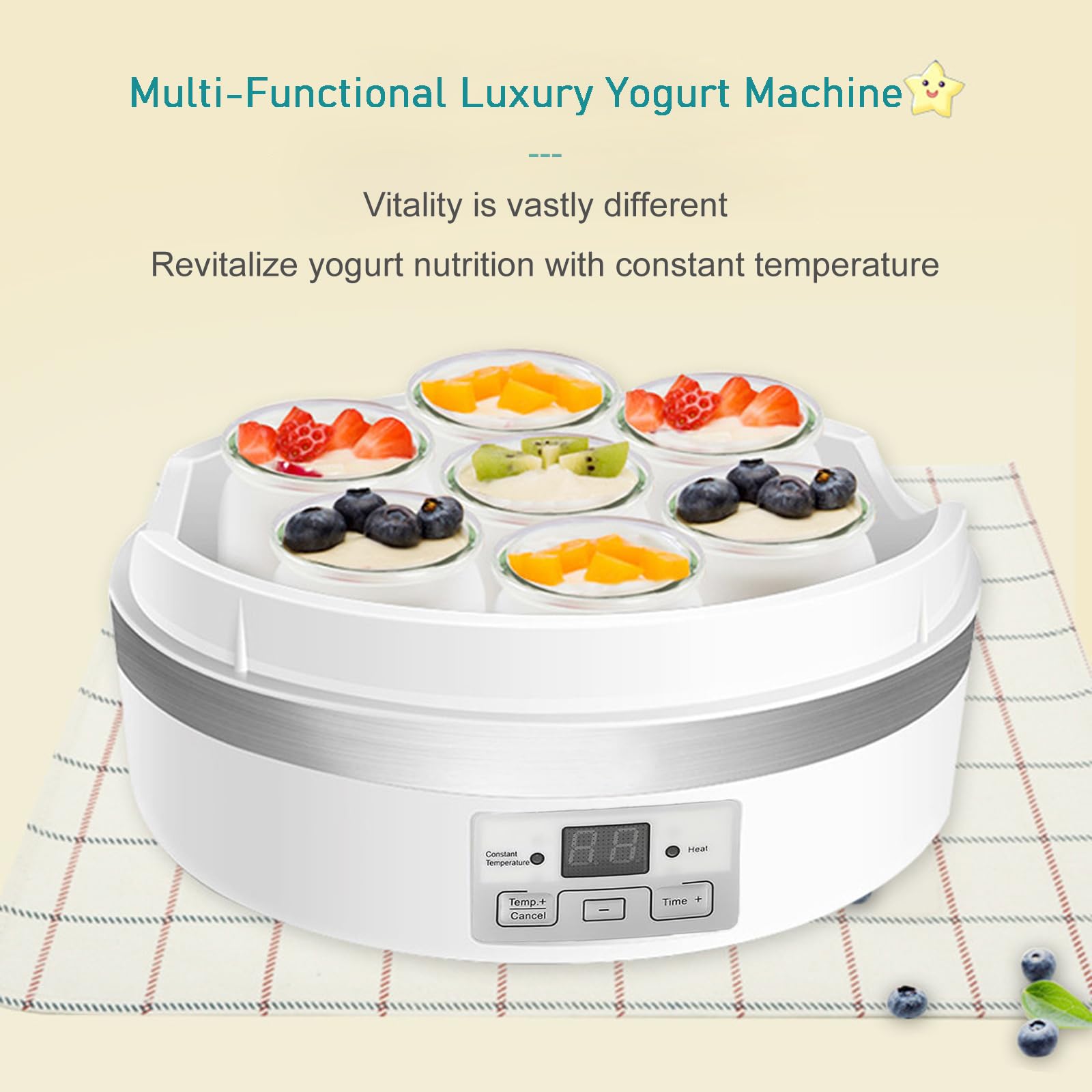 1.7L Automatic Yogurt & Natto Maker Machine with Timer, Temperature Control - 7 Glass Jars Included for Greek Yogurt, Rice Wine & Fermented Foods - Perfect for Home Kitchens & Healthy Lifestyles