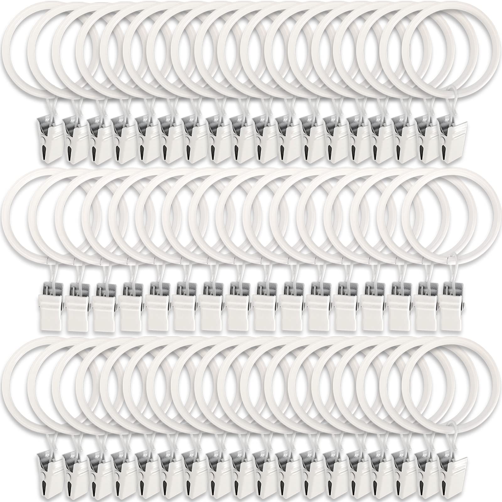 60 Pack White Metal Curtain Rings with Clips - 1.5 Inch Interior Diameter Curtain Hooks for Hanging Drapes, Bows & Rods - Perfect for Living Room, Bedroom & Window Decor