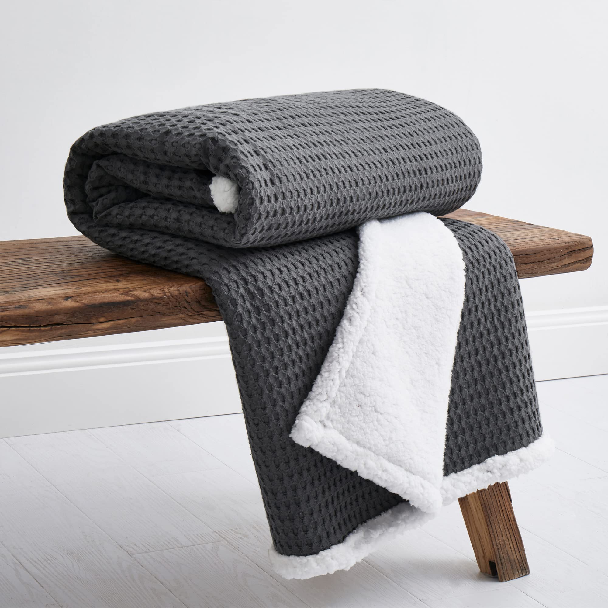 Levtex Home Mills Waffle Sherpa Throw Blanket - Ultra Soft Charcoal Cotton Waffle Weave - Quilt Size 50x60 Inches - Cozy for Bed, Sofa & Winter Nights