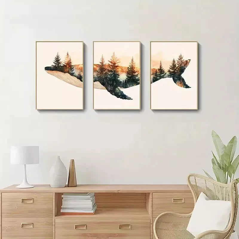 3-Piece Whale & Forest Triptych Wall Art Set - Framed Canvas Paintings 50x70cm (20x28in) - High Quality Australian Made Ready to Hang Wall Decor for Living Room, Bedroom & Office