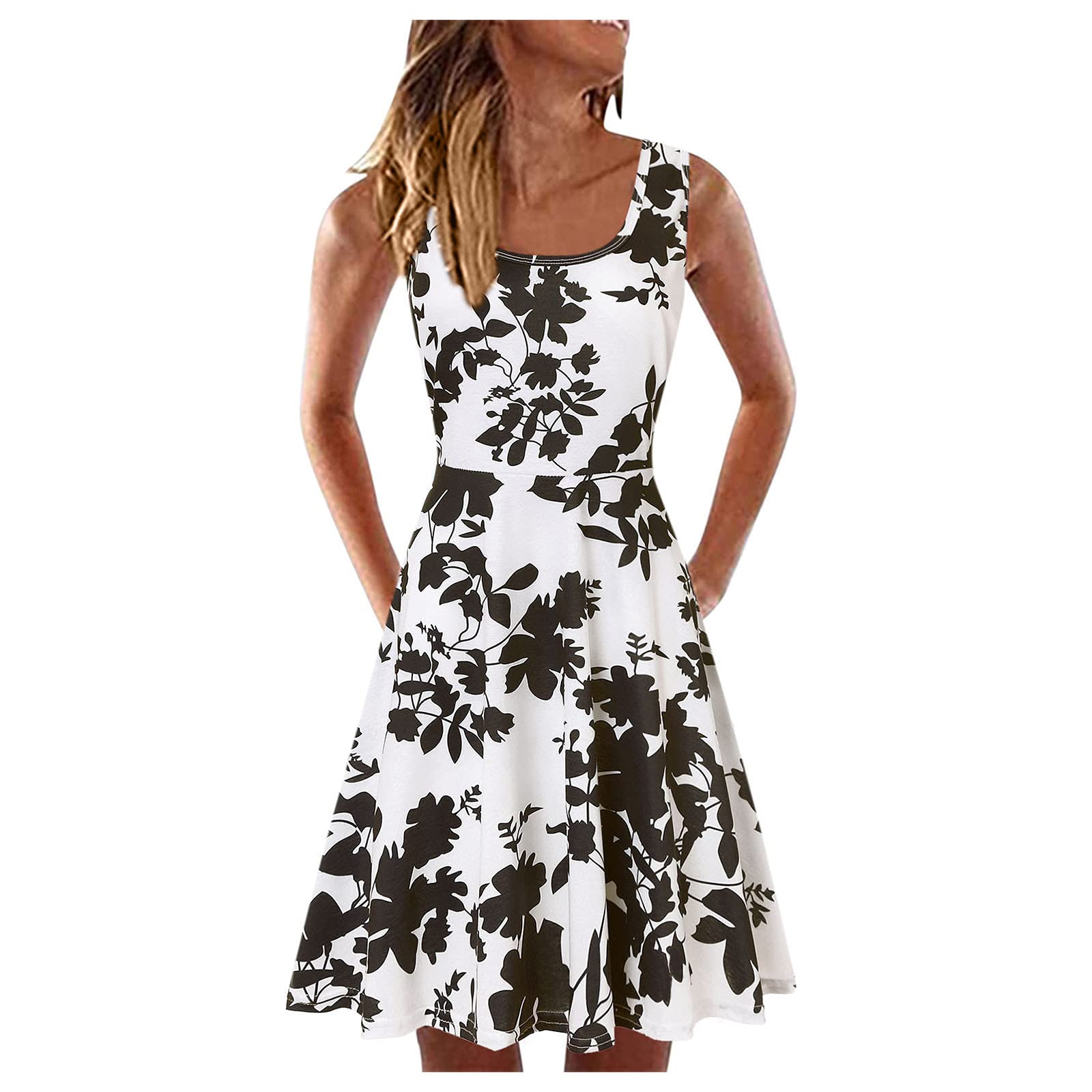 Women's Bodycon Dress - A-Line Casual Summer Dress with Loose Fit, Printed Short Sleeveless U-Neck Design | Perfect for Beach Outings, Parties & Everyday Wear