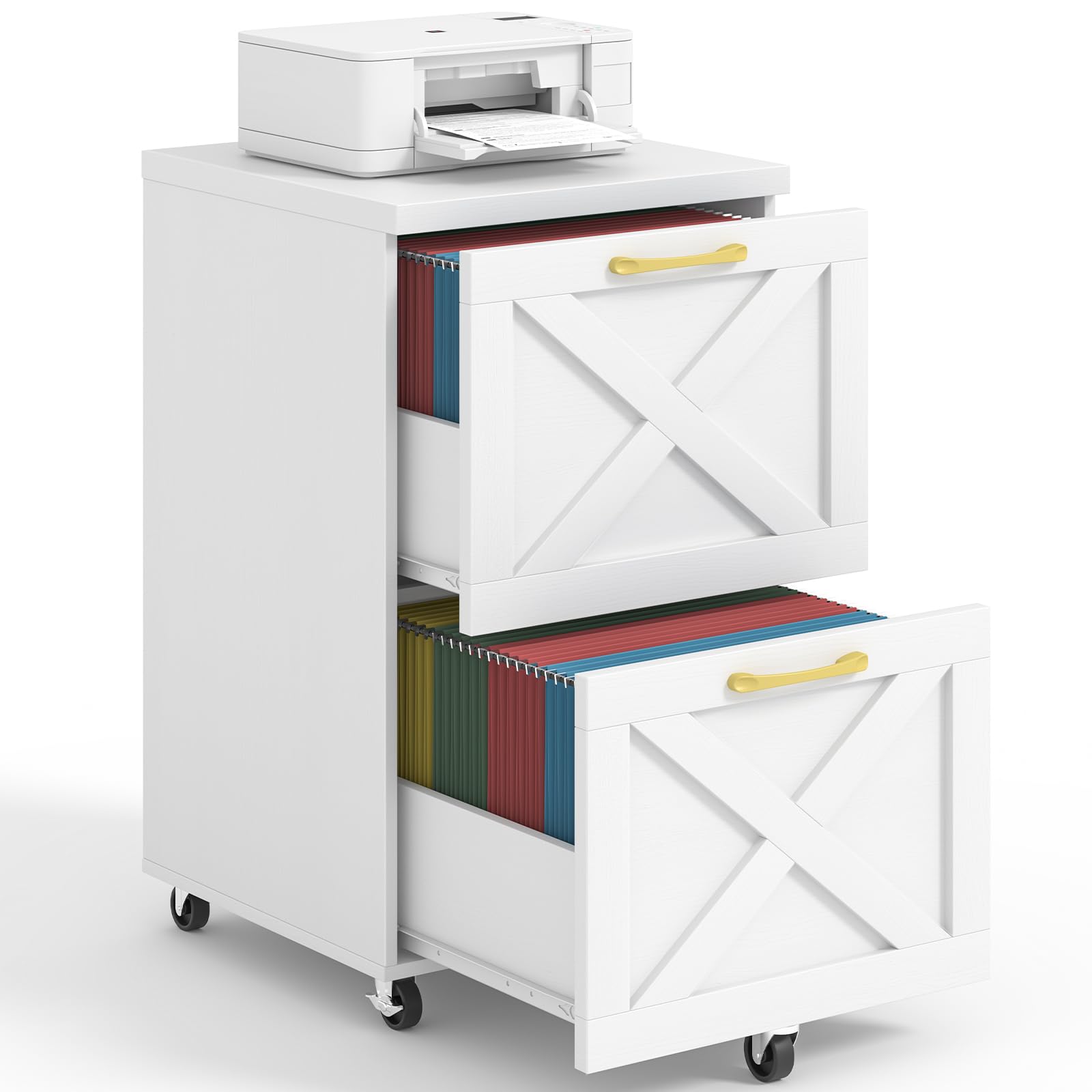 2 Drawer Small File Cabinet with Wheels - Farmhouse Vertical Filing Cabinet for A4 & Letter Size - Under Desk Rolling File Organizer for Home Office - Wooden Printer Stand (White) - Perfect for Organizing Documents & Saving Space in Small Offices
