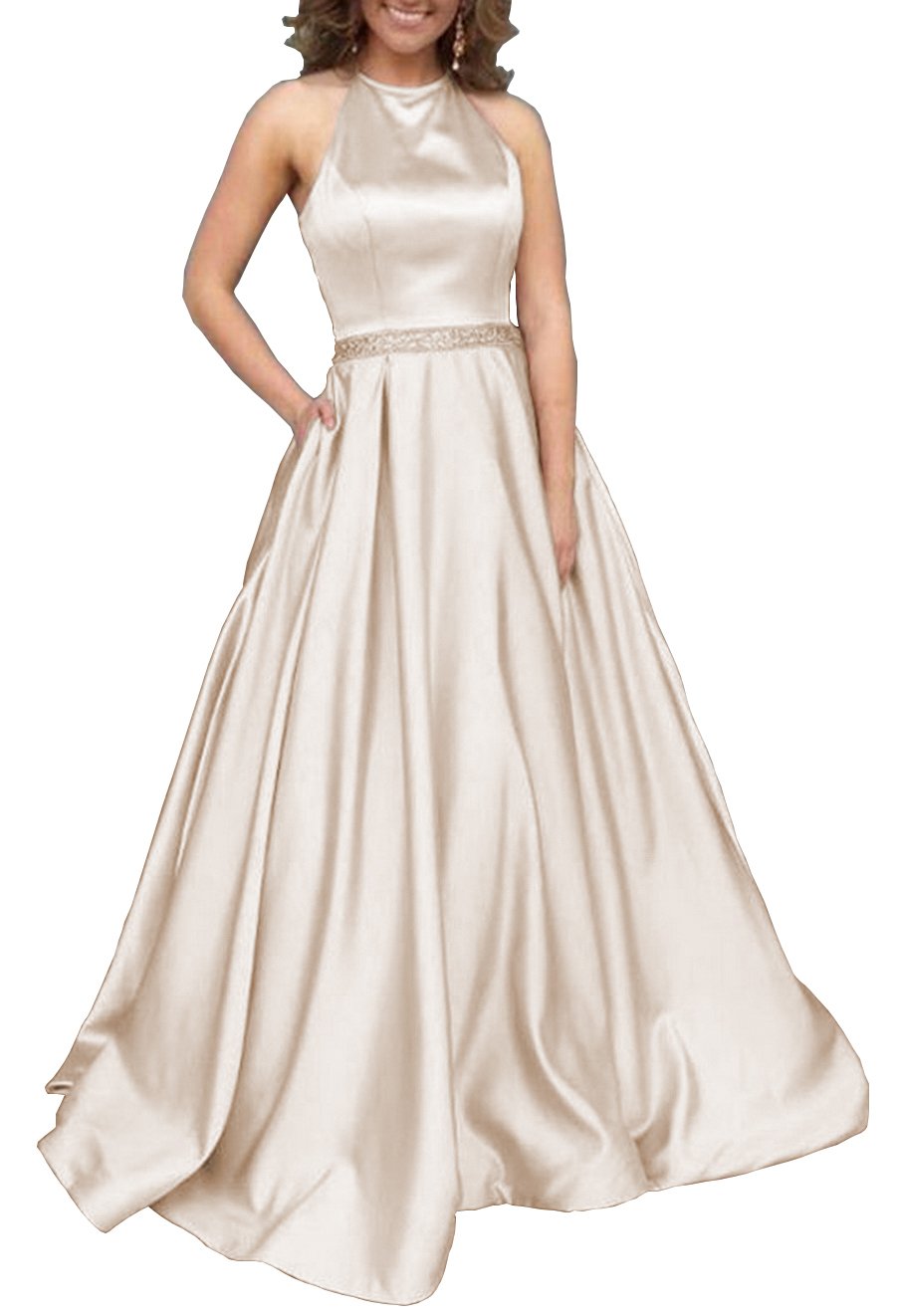 Elegant Women's Halter A-Line Beaded Satin Evening Prom Dress - Long Formal Gown with Hidden Pockets for Weddings, Parties & Special Occasions