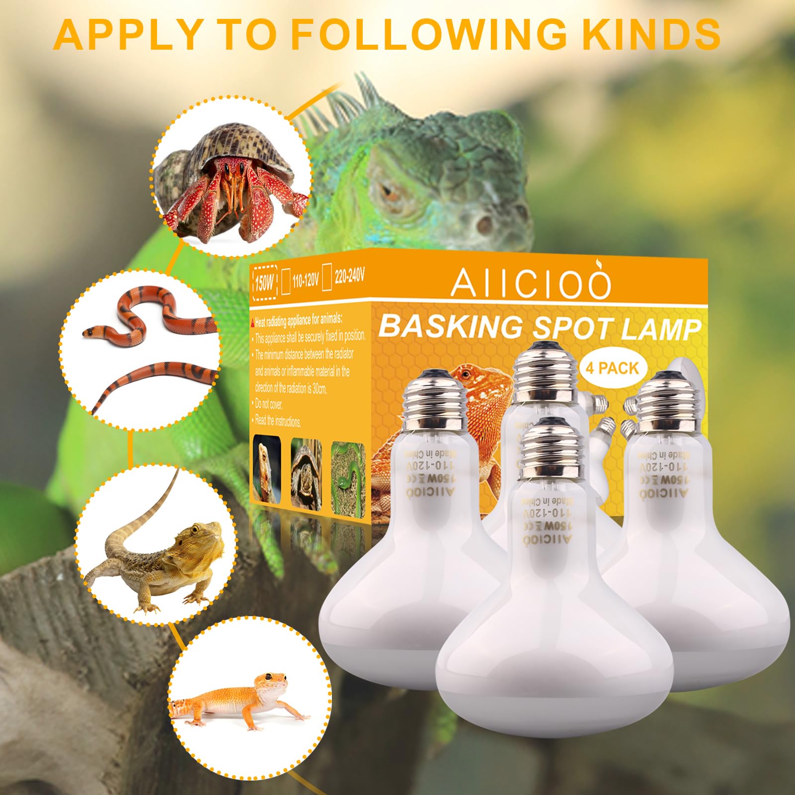 Aiicioo 150W Reptile Basking Heat Lamp Bulb - 4 Pack Daylight Bulbs for Bearded Dragons, Lizards, Turtles & Tortoises - Ideal for Terrariums, Vivariums & Reptile Habitats