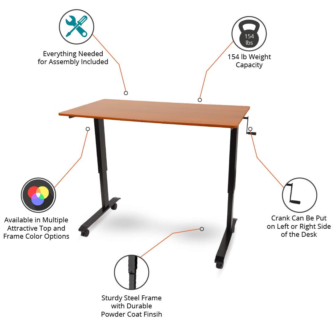 Adjustable Standing Desk with Wheels - Black Frame & Teak Top for Home Office