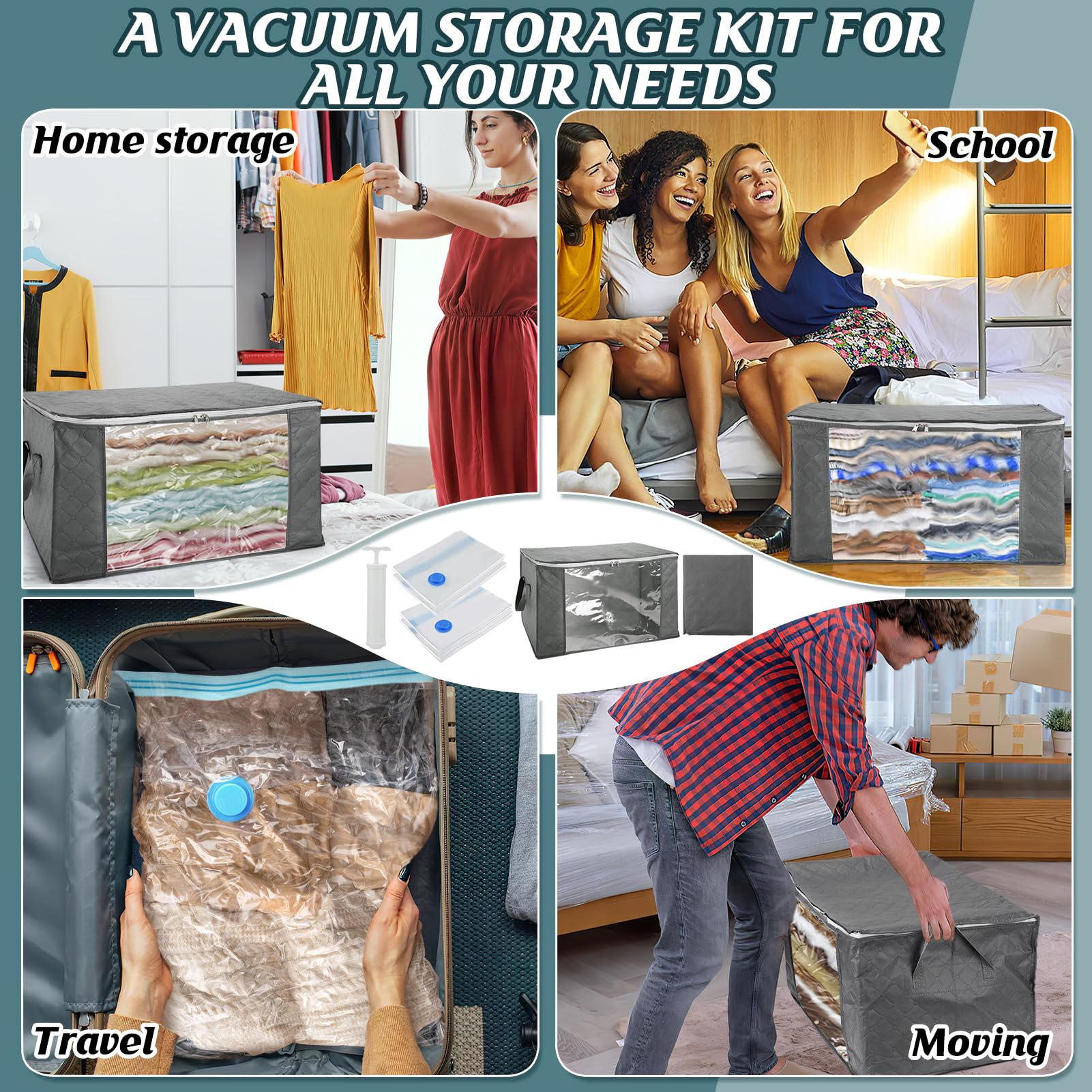 Vacuum Storage Bags with Storage Totes - 6Pcs Large Capacity Space Saver Bags for Clothes, Comforters, Blankets & Pillows | Airtight Compression Seal Organizers | Gray | Perfect for Seasonal Storage & Travel Packing
