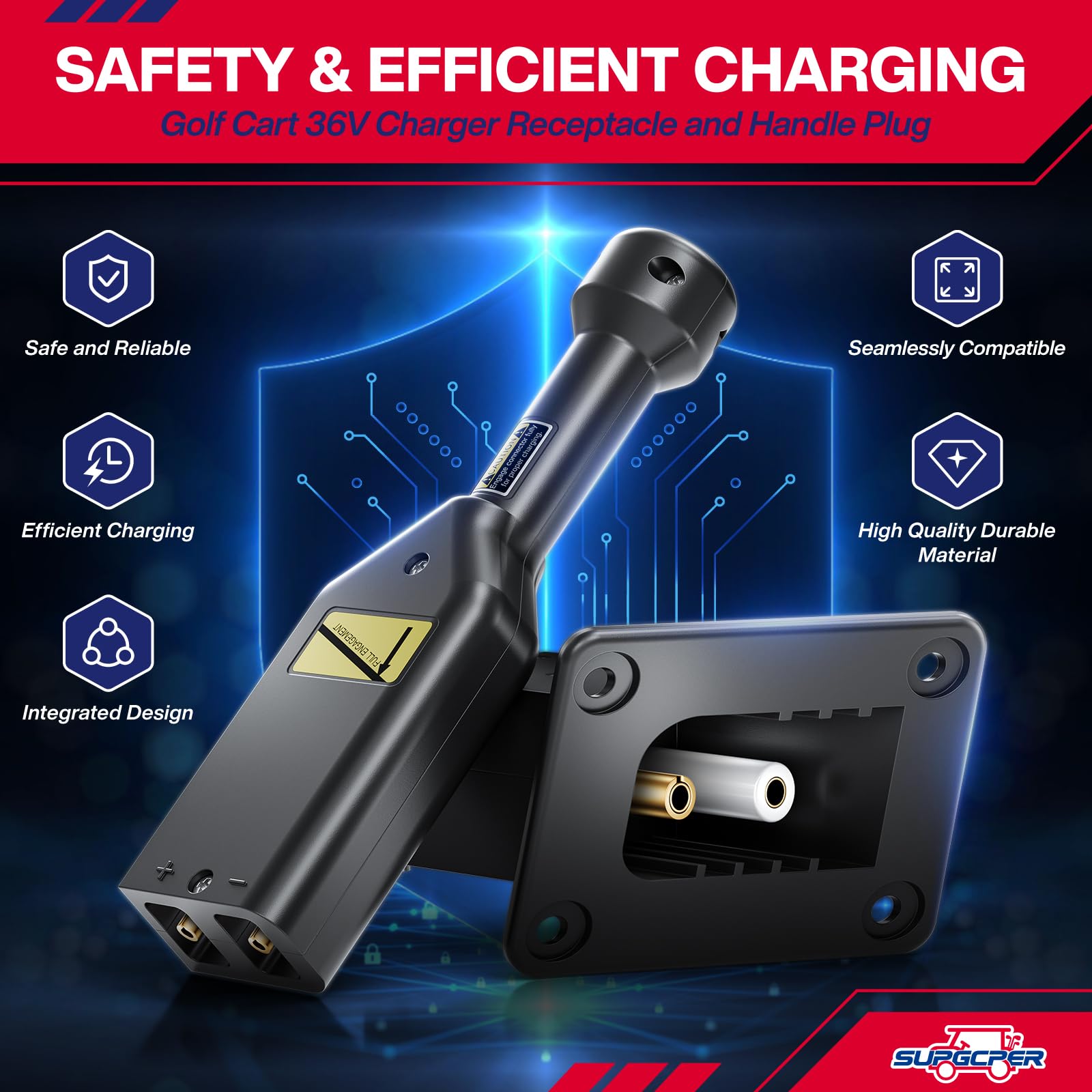 EZGO 36V PowerWise Charger Receptacle & Plug - Replacement Golf Cart Battery Charger Port with Handle for 1996-Up EZGO TXT Medalist Electric - OEM# 73345-G01, 73063-G01 Compatible - Perfect for Home & Golf Course Maintenance