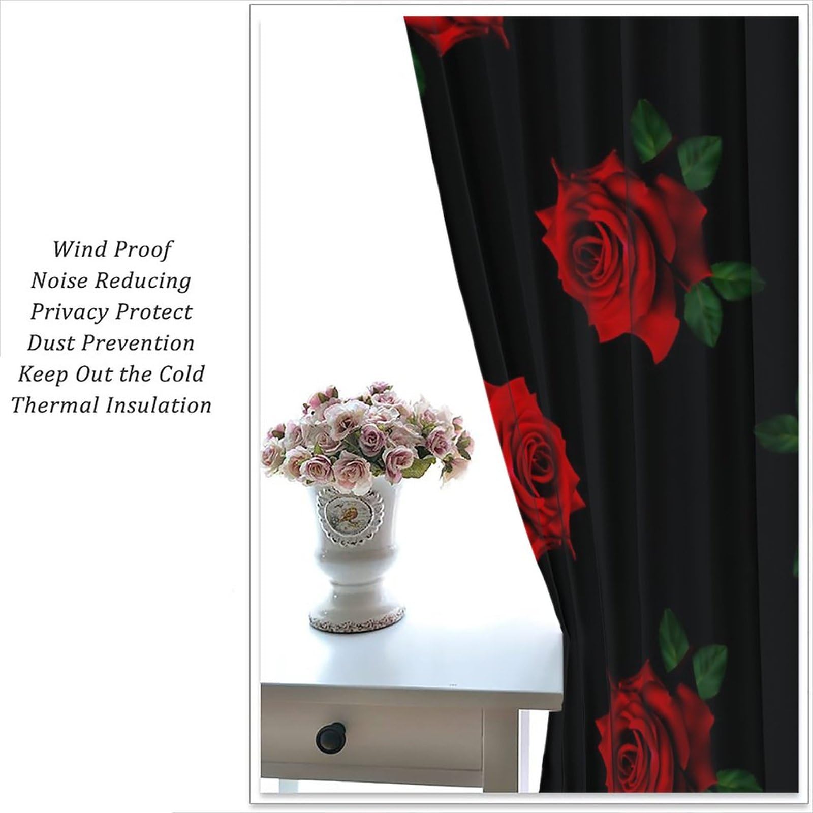 Romantic Red Rose Print Curtains - Burgundy & Black Floral Drapes for Valentine's Day, Women's & Girls' Room Decor - 2 Panels (42x45 Inch) - Perfect for Bedroom Windows, Living Room Decor & Romantic Home Ambiance
