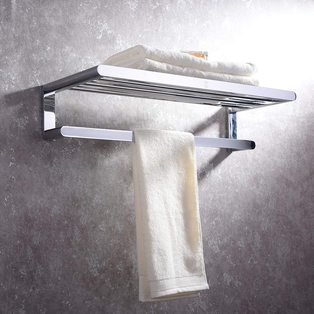 2-Tier Wall Mounted Double Towel Rack with Shelf - Multifunctional Shower Towel Holder in Brass/Chrome for Bathroom & Hotel Use - Perfect for Hanging Towels, Robes & Organizing Toiletries