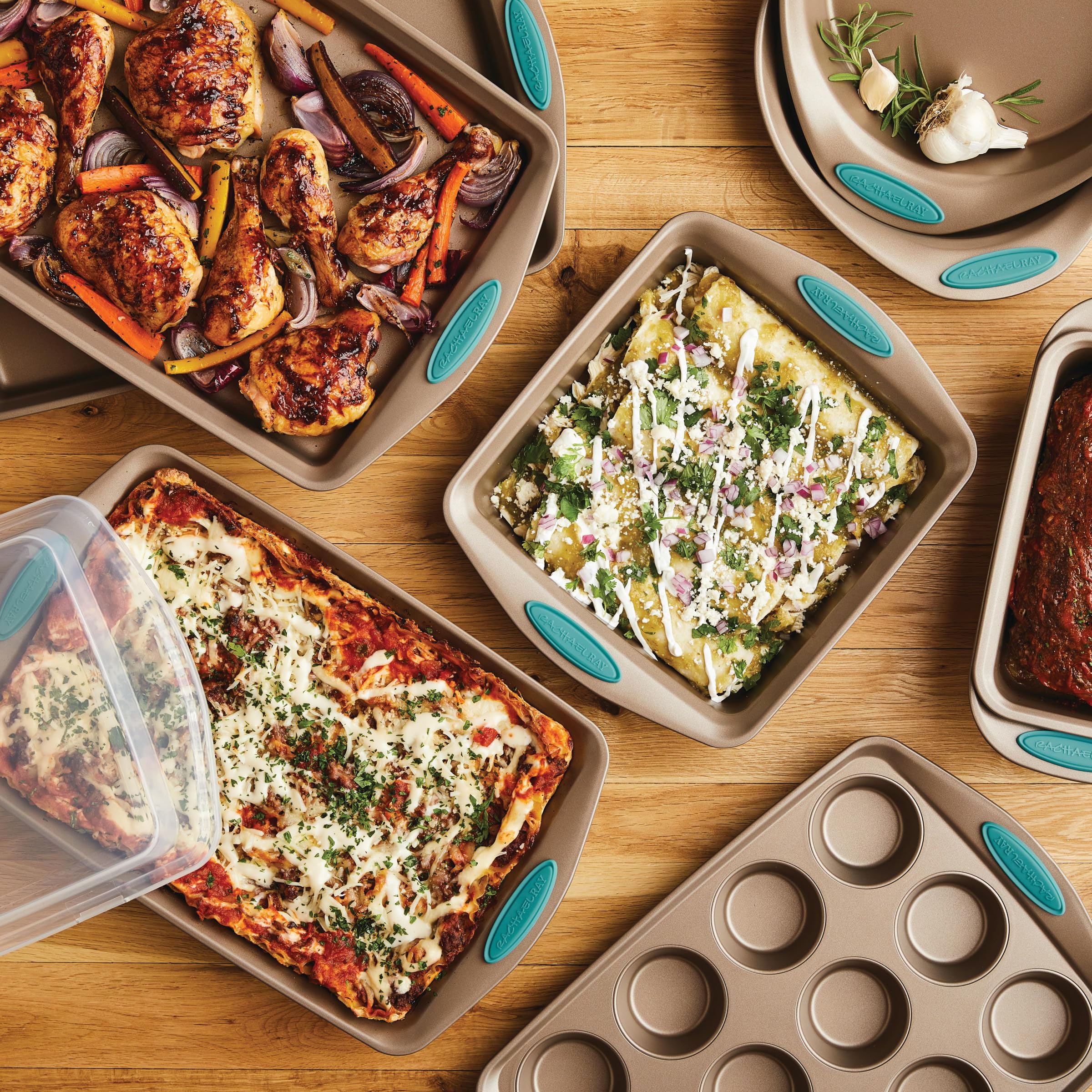 Rachael Ray 47578 10-Piece Nonstick Bakeware Set with Grips - Latte Brown & Agave Blue - Includes Bread Pan, Baking Sheet, Cookie Sheet, Cake Pan & Muffin Pan - Perfect for Baking Cookies, Cakes, Bread & Muffins at Home