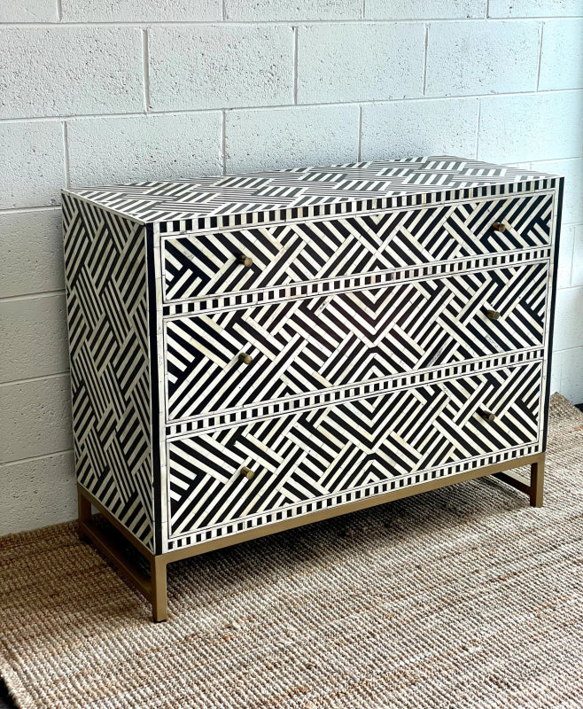 Handmade Bone Inlay Black Dresser with 3 Drawers - Elegant Optical Design for Bedroom, Living Room & Office Storage