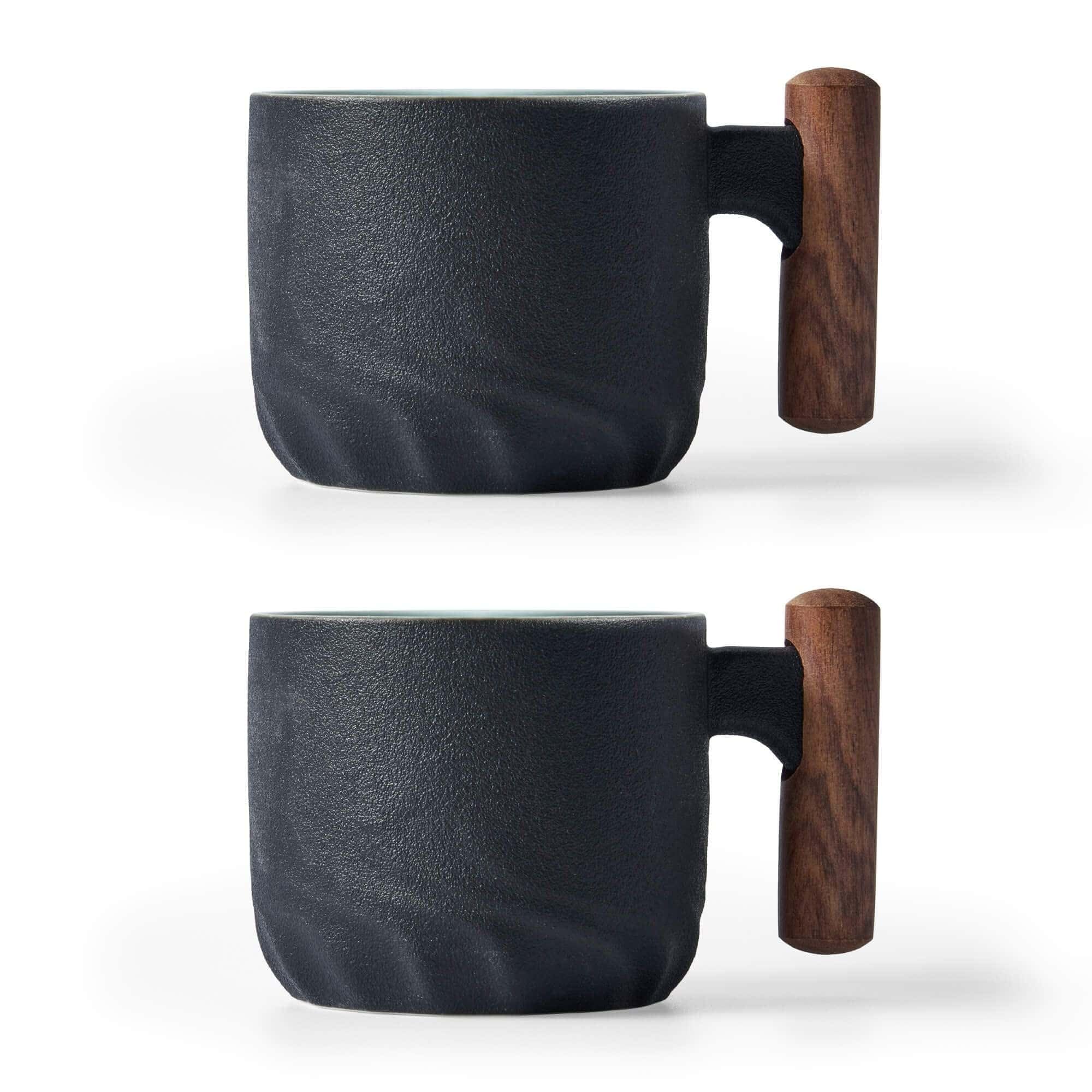 Premium Ceramic Espresso Cups with Wooden Handle - 3oz Small Coffee Cups for Espresso, Tea or Cappuccino - Set of 2 Porcelain Demitasse Cups (Black) - Perfect for Home, Cafe or Office Use
