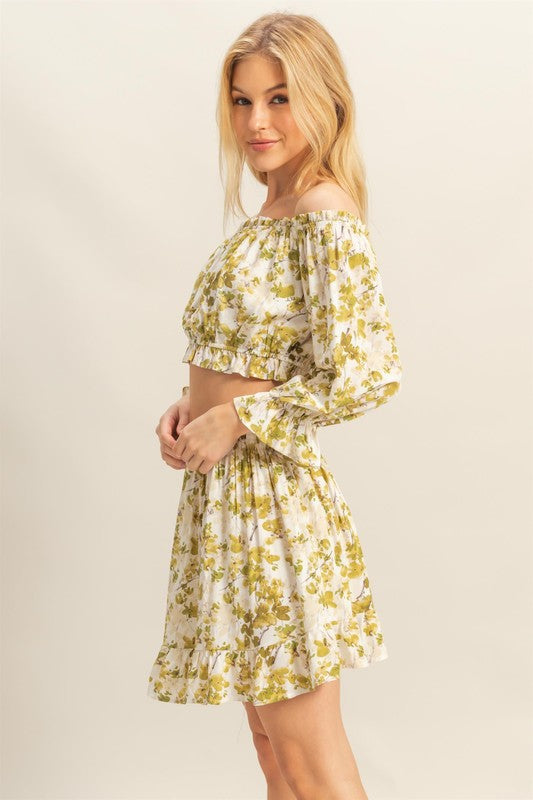 Floral Off Shoulder Flounce Sleeve Top and Skirt Set - Women's Summer Boho Outfit for Beach Vacation, Party & Date Night