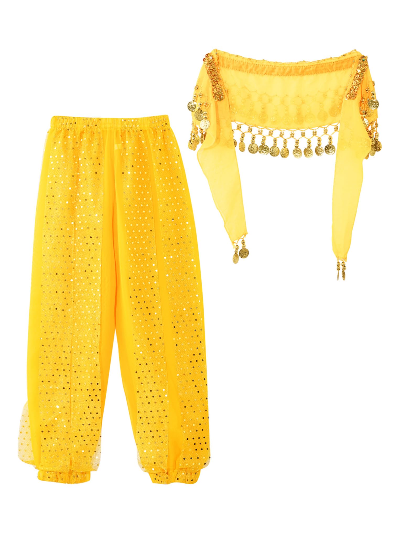 Freebily Girls' Belly Dance Harem Pants - Tribal Arabic Yoga Trousers for Kids, Pilates & Hippie Dance with Free Hip Scarf - Perfect for Dance Classes, Performances & Costume Parties