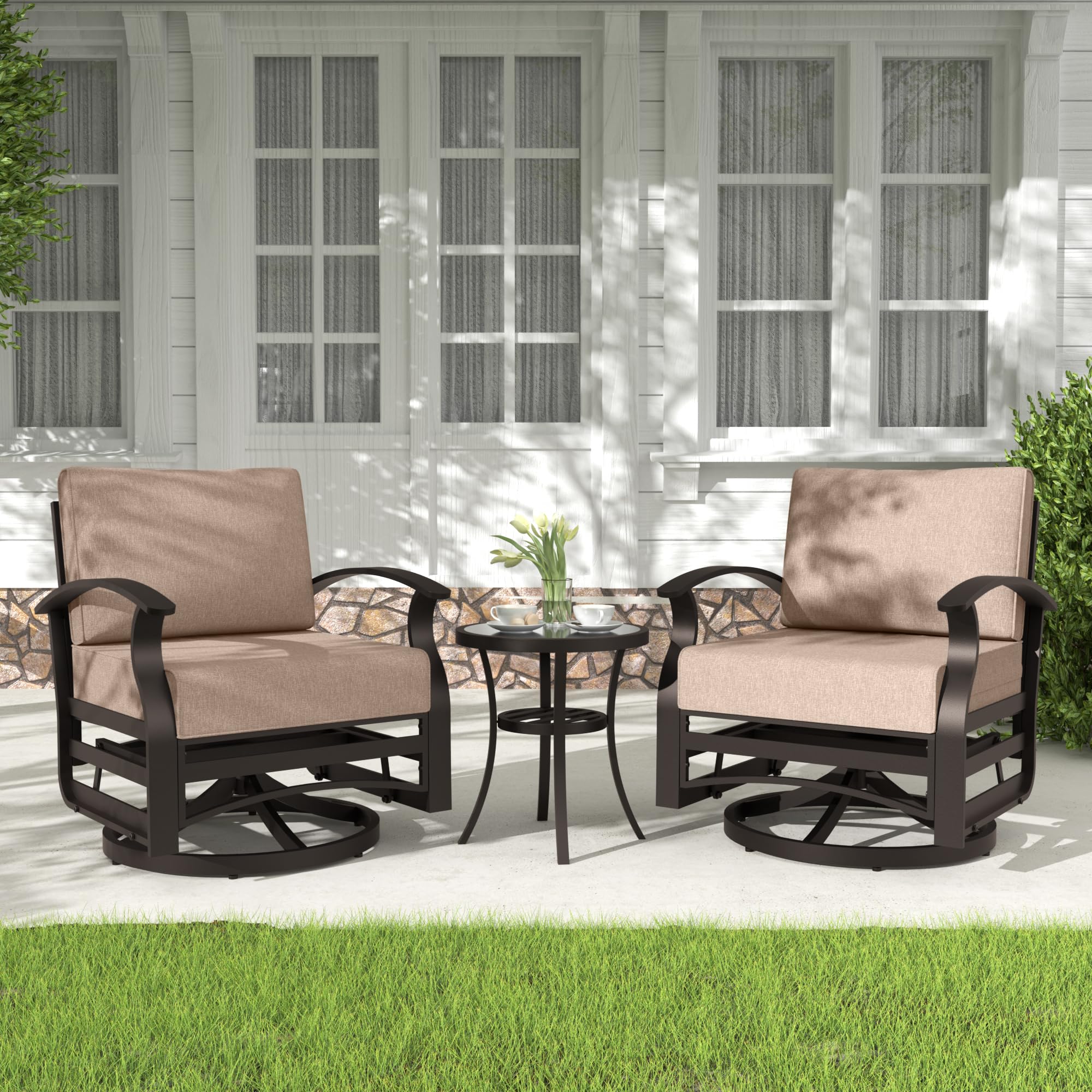 Kurapika 3-Piece Patio Furniture Set - Outdoor Aluminum Swivel Glider Rocking Chairs with Tempered Glass Side Table & Thickened Cushions - Sand Color for Porch, Garden, Deck - Perfect for Relaxing & Entertaining Outdoors