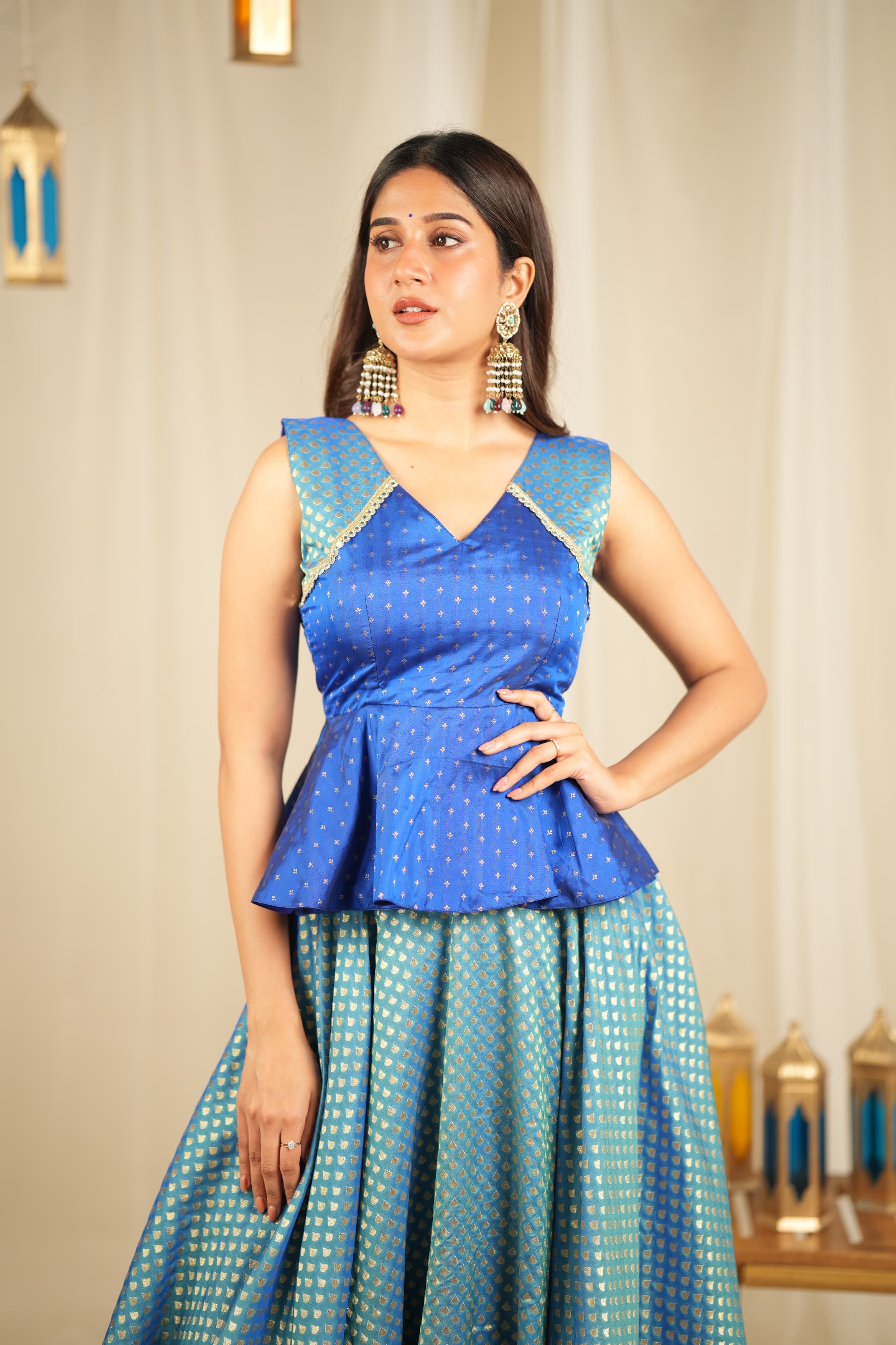 DD633 Megha Premium Banaras Peplum Top and Skirt Set - Elegant Indian Ethnic Wear for Women, Perfect for Weddings, Festivals & Special Occasions