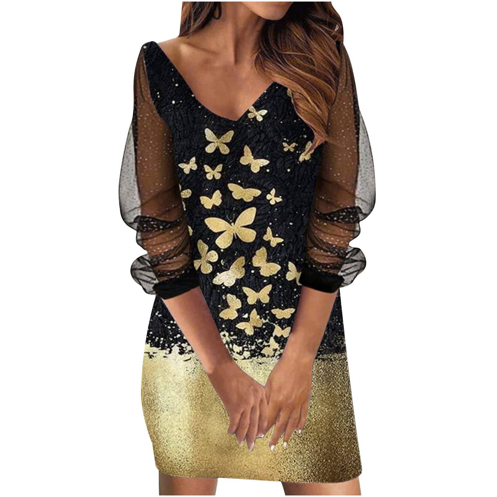 Hesxuno Women's See-Through Mesh V-Neck Dress - Elegant Long Sleeve Printed Dress for Party & Date Night