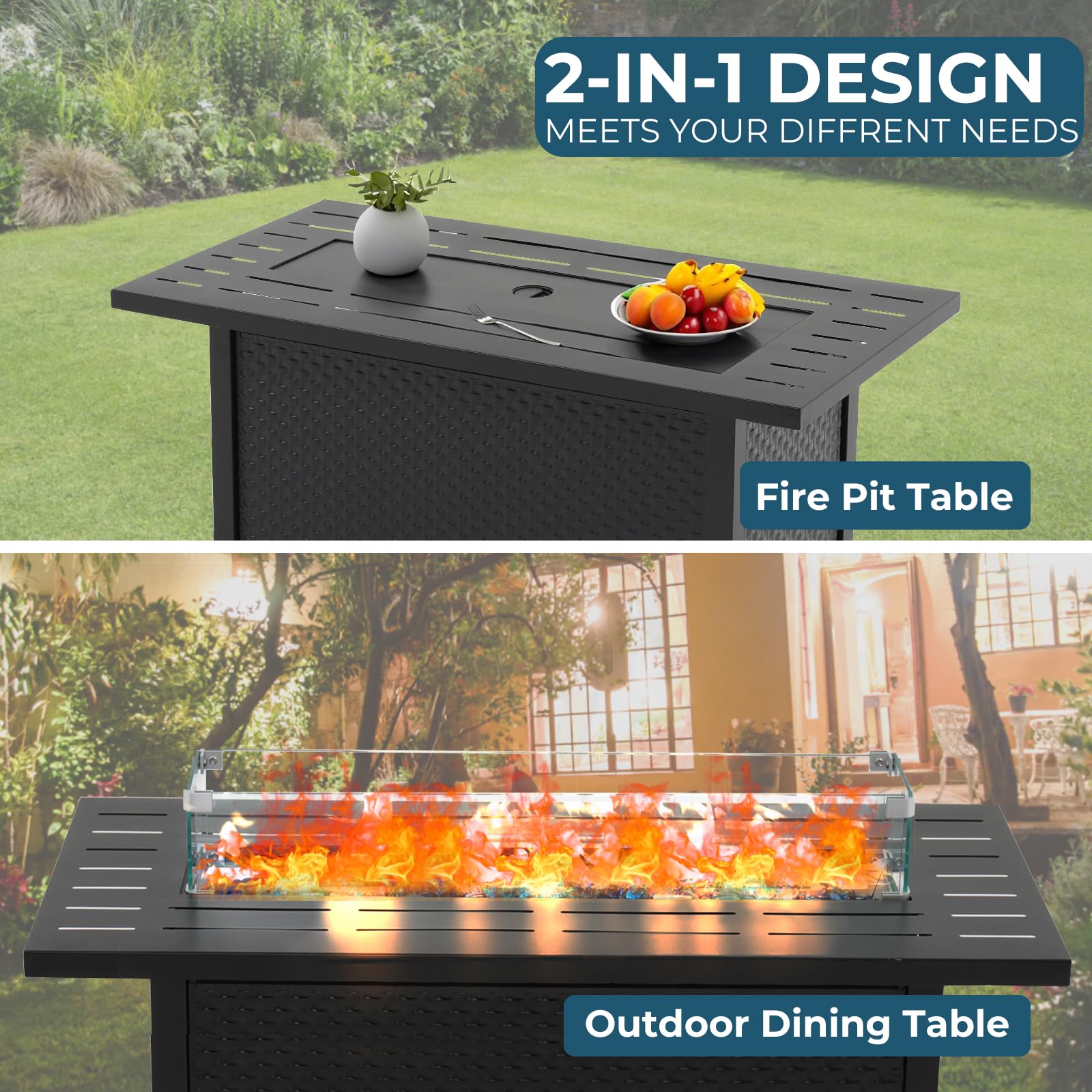 Yangming 45-Inch Square Propane Fire Pit Table - 50,000 BTU Outdoor Gas Firepit with Steel Tabletop, Glass Wind Guard & Blue Glass Stones - Waterproof Cover Included - Perfect for Garden, Patio, Deck, Backyard & Outdoor Entertaining