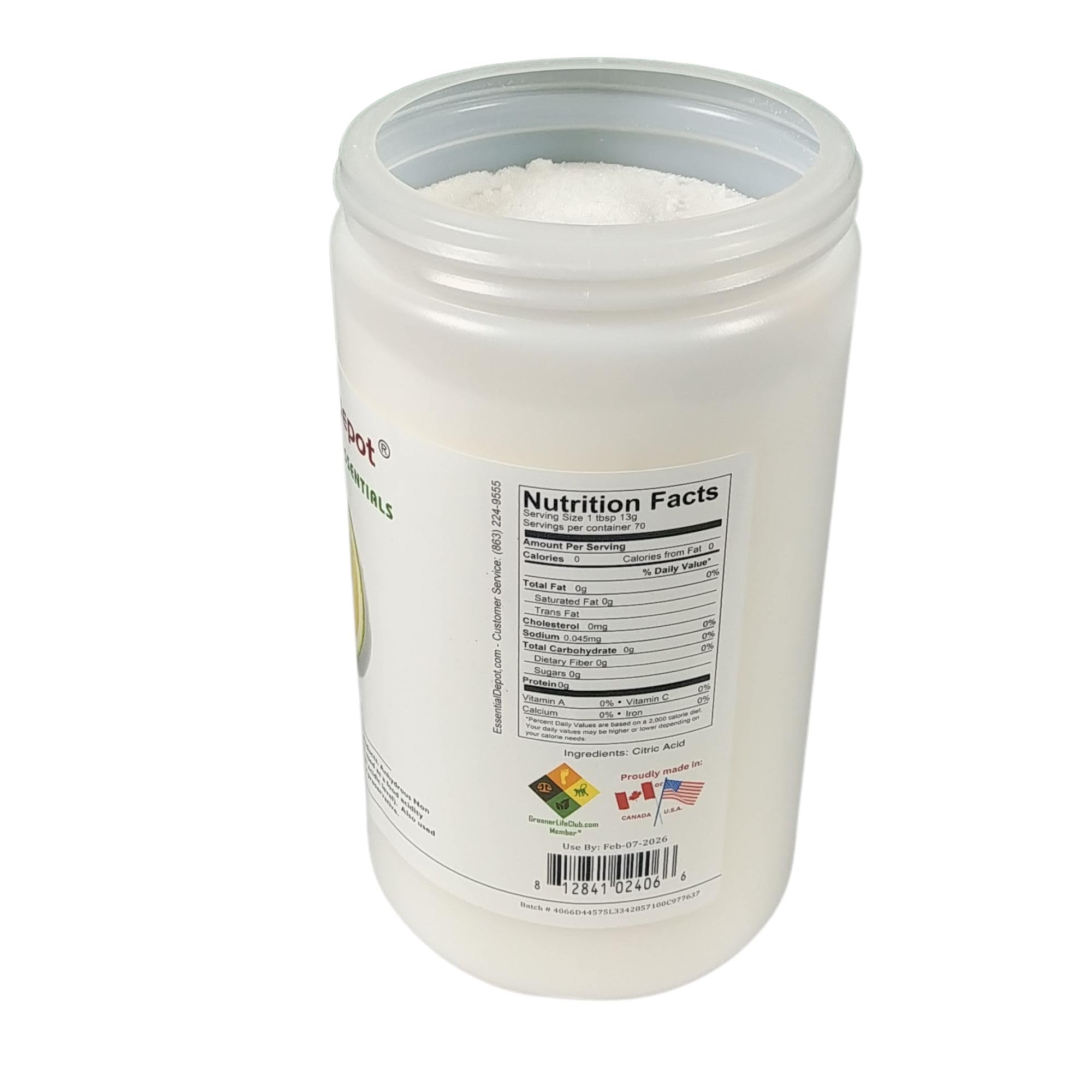Food Grade Anhydrous Citric Acid Powder - 32 oz (2 lbs) in Resealable HDPE Container - Bulk Baking Ingredient for Canning, Cleaning & DIY Projects