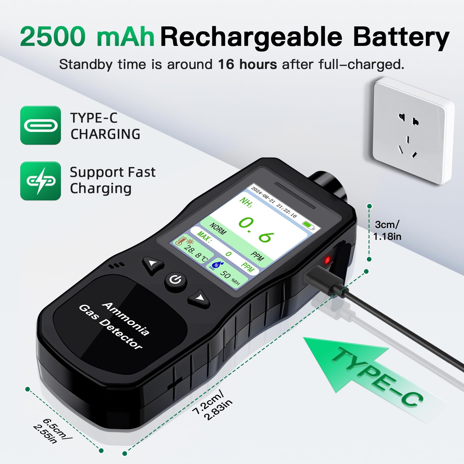 Portable Ammonia Gas Detector 0-200 PPM - Rechargeable Digital NH3 Gas Monitor with Temperature & Humidity Sensor - Ideal for Farms, Poultry Houses, Pig Stables & Livestock Barns - Indoor Air Quality Tester for Agriculture & Animal Husbandry
