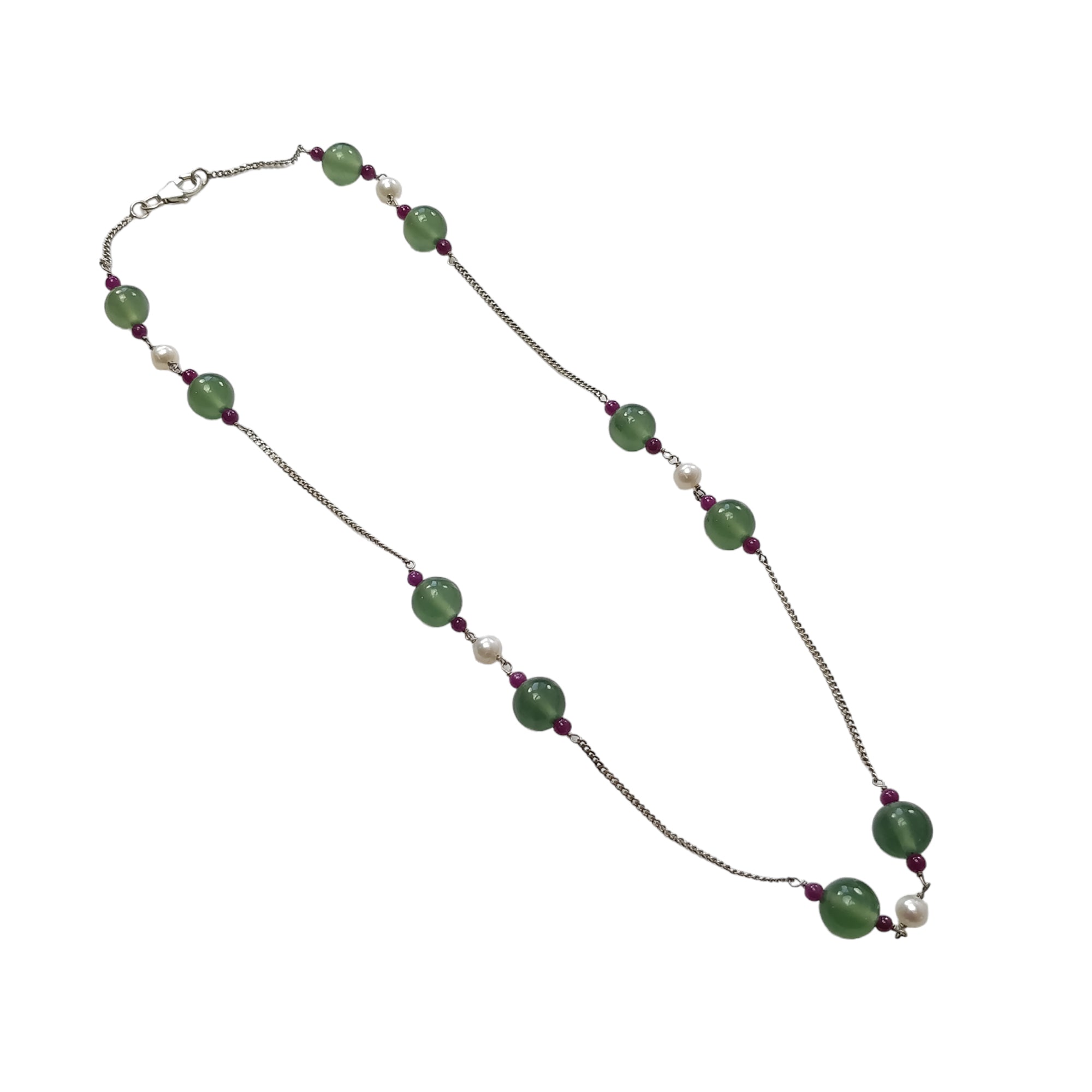 Natural Green Serpentine & White Pearl Gemstone Beaded Necklace - 925 Sterling Silver, 14.12g, Round Plain Beads, 19 Inch - Elegant Jewelry for Women, Perfect for Parties, Weddings & Everyday Wear