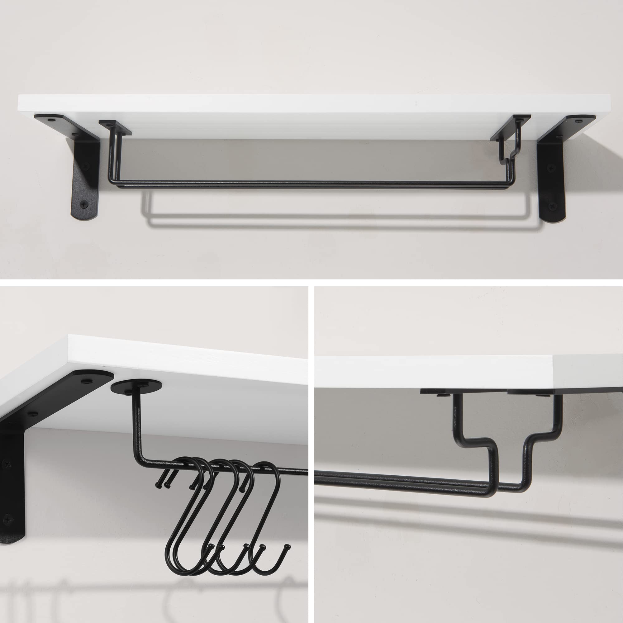 Afuly 20 Inch Wall Mounted Coffee Bar Shelf - Set of 2 Floating Shelves with 8 Hooks for Coffee Cups, Mugs & Wine Glasses - Perfect for Coffee Station, Kitchen Organization & Home Decor