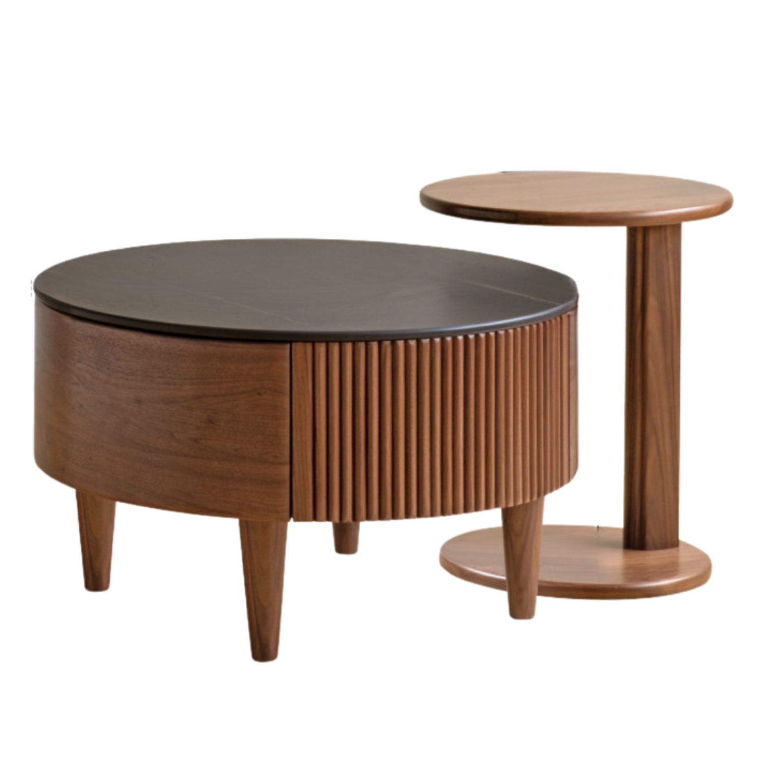 26.1x26.1x15.4 inch/ 66.4x66.4x39.2сm/  Rich dark Walnut color/ Black walnut coffee table + small side table