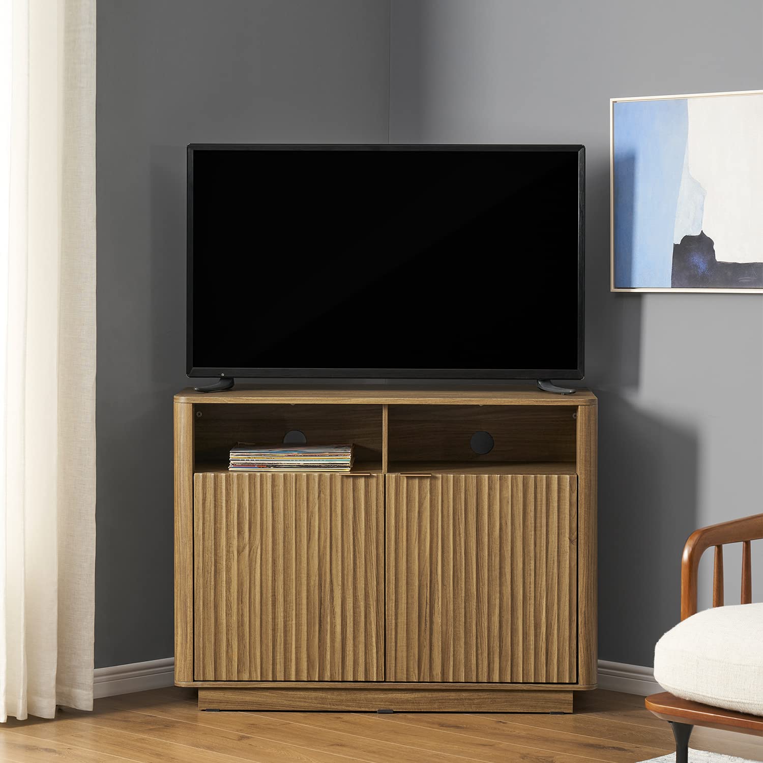 Mid Century Modern Brooklyn Corner Storage Cabinet - Buffet & Entertainment Center with Doors & Shelves, Media Cabinet for 55 Inch TV Stand - Perfect for Living Room, Home Theater & Small Space Organization
