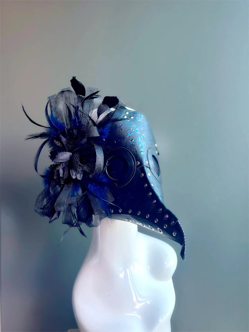 Black and Blue Feathered Plague Doctor Mask - Steampunk Costume Accessory for Halloween, Cosplay, and Renaissance Fairs