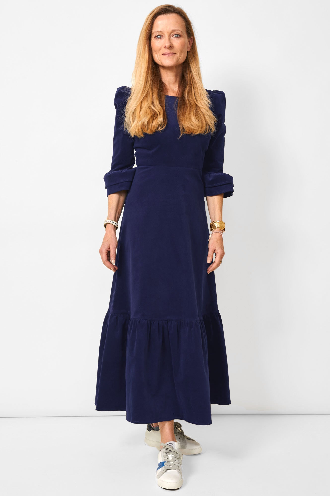 Victoria Round Neck 3/4 Sleeve Stretch Corduroy Dress for Women | Atlantic Blue | Casual Fall Outfit, Office Wear & Date Night Dress
