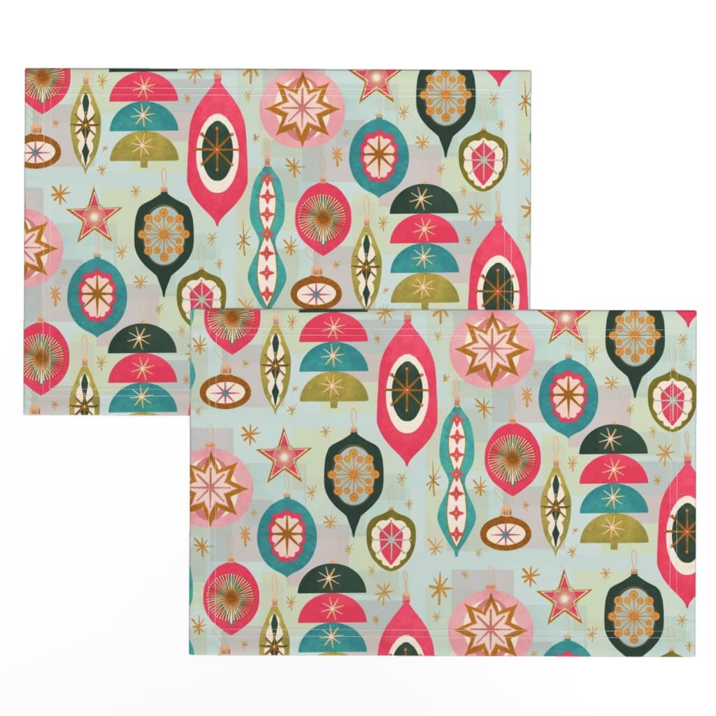 Retro Christmas Ornaments Pink Vintage Blue Linen Cotton Canvas Placemats (Set of 2) - Holiday Table Decor for Dining, Kitchen & Home Decor - Washable & Durable Fabric Place Settings for Parties & Festive Gatherings