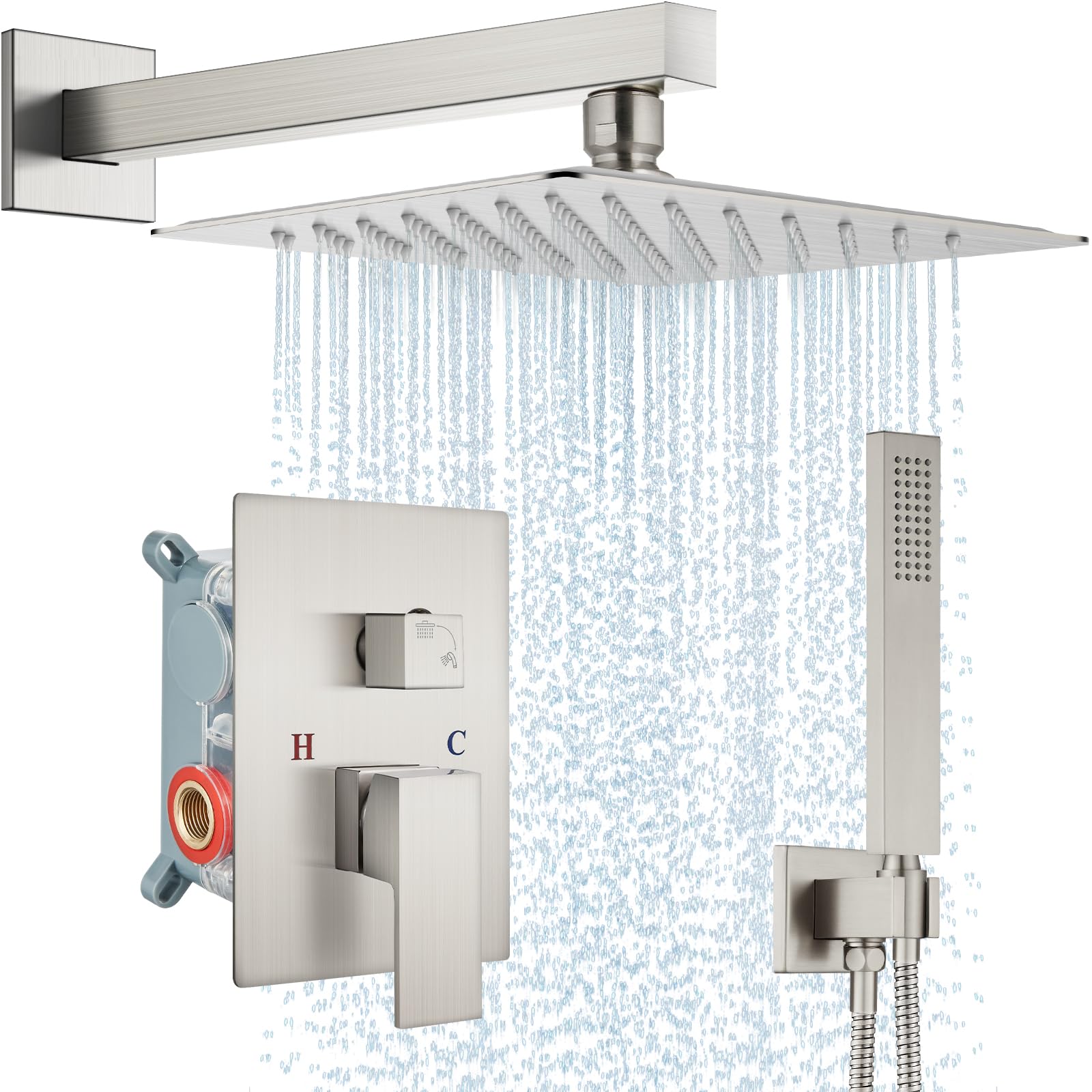 Midanya 12 Inch Square Rainfall Shower System - Brushed Nickel Wall Mount Shower Faucet Set with Handheld Sprayer, Rough-in Valve & Trim Kit - Luxury Bathroom Mixer Shower Combo for Spa-like Experience
