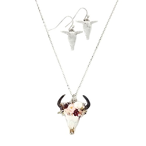 Western Style Floral Steerhead Pendant Necklace and Pearl Charm Earrings Set - Cowgirl Jewelry for Women, Perfect for Rodeo, Country Music Festivals & Western Themed Parties