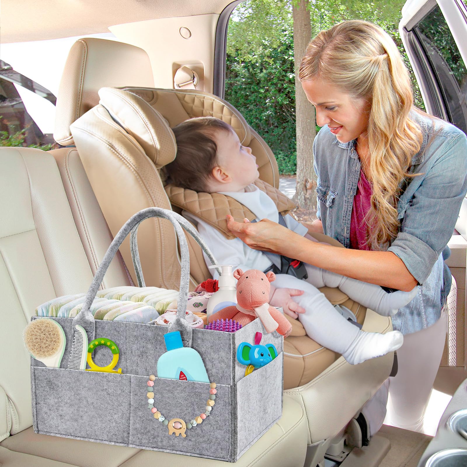 Grey Felt Baby Diaper Caddy Organizer - Portable Nursery Storage for Wipes, Diapers & Baby Essentials - Perfect for Nursery, Baby Shower Gift & On-the-Go Parents (Grey)