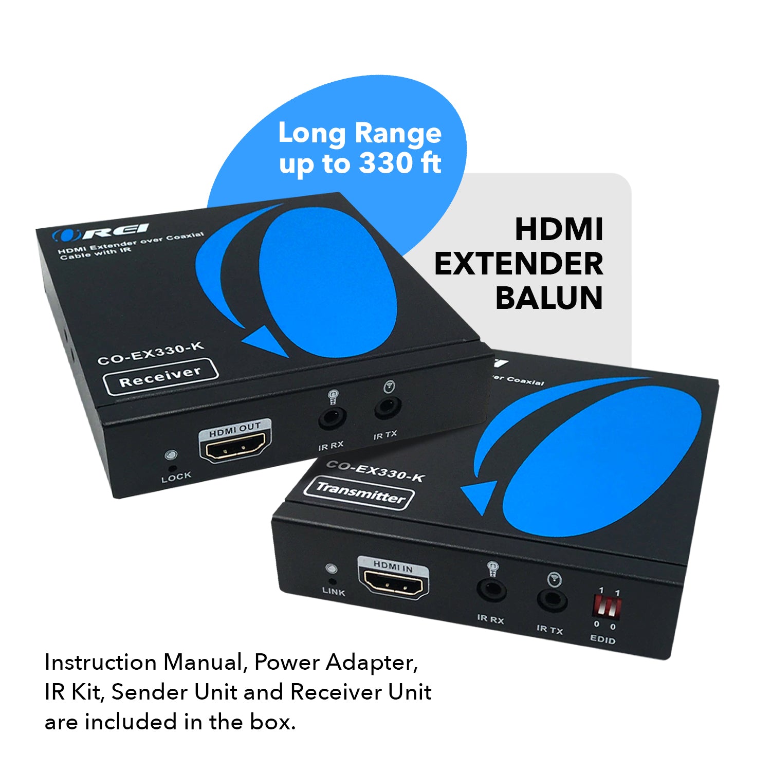 HDMI Extender Balun Over Coaxial Cable - 330ft Range, 1080p@60Hz, Bi-Directional IR, Cascadable (CO EX330 K) for Home Theater & Surveillance Systems