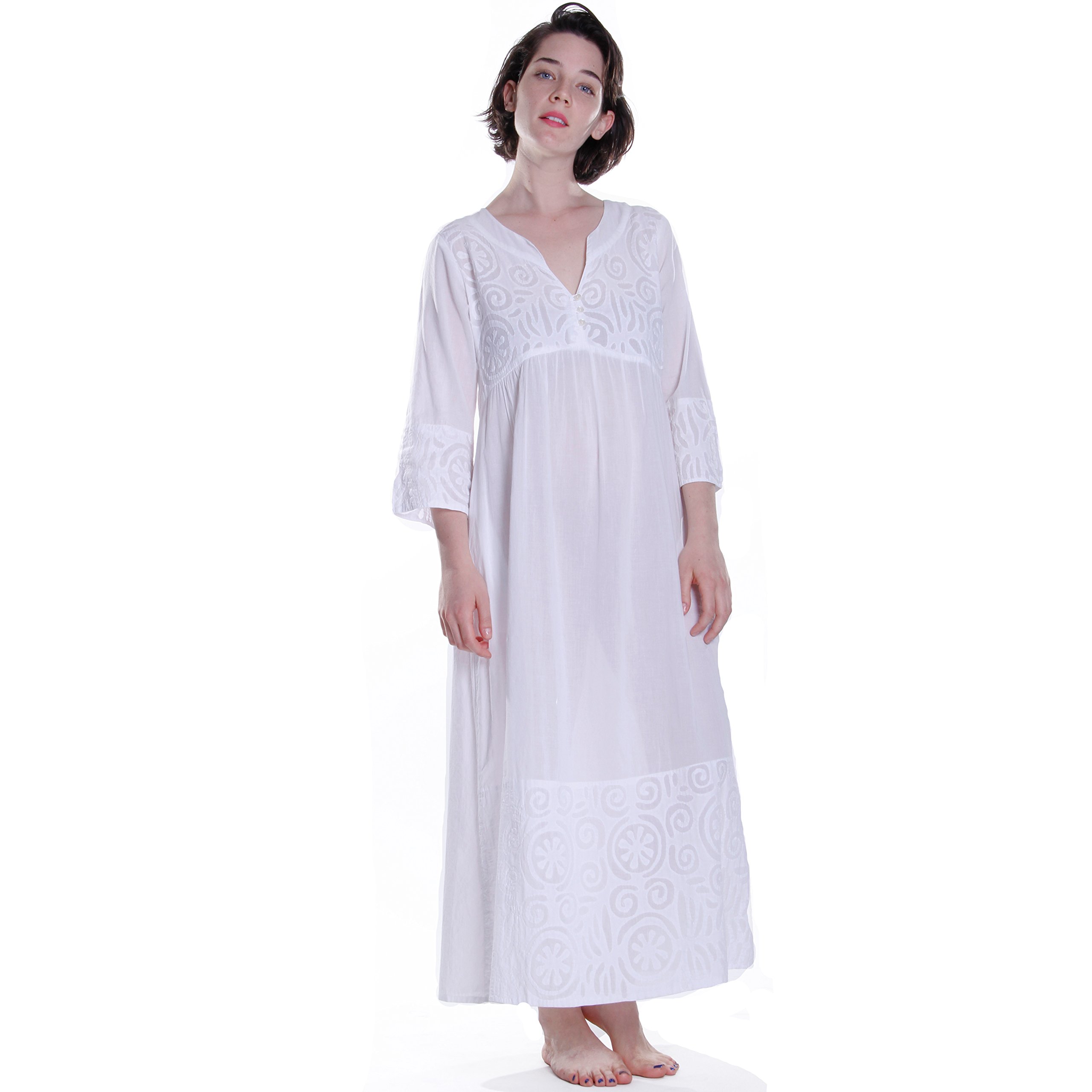 LA CERA Women's 100% Cotton Appliqued Nightgown - 3/4 Sleeve Pullover Sleepwear with Side Pockets | Comfortable Lounge Dress for Home, Sleep & Relaxation