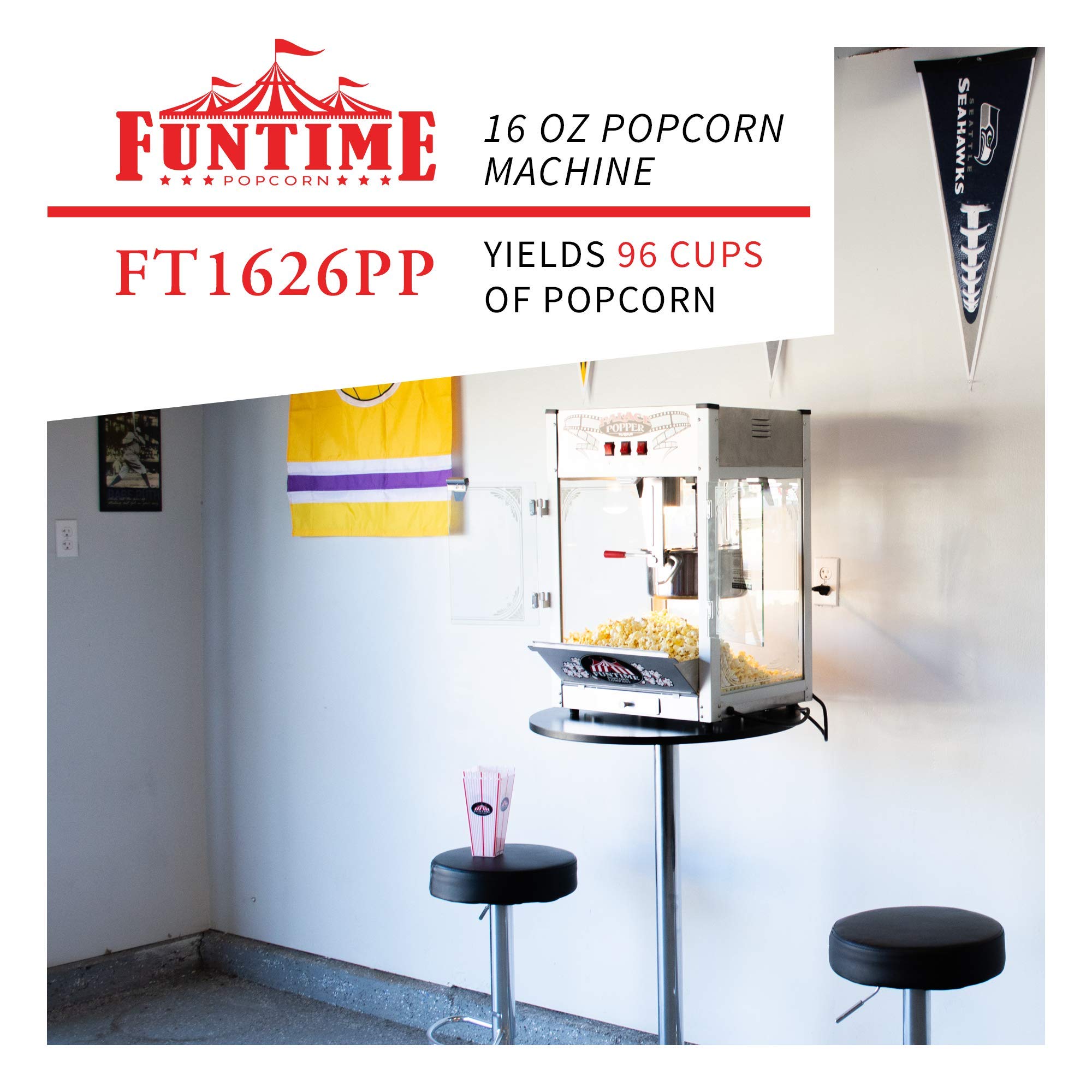 Funtime Palace 16 OZ Commercial Popcorn Popper Machine - FT1626PP | Bar Style Popcorn Maker for Movie Theaters, Carnivals & Home Use