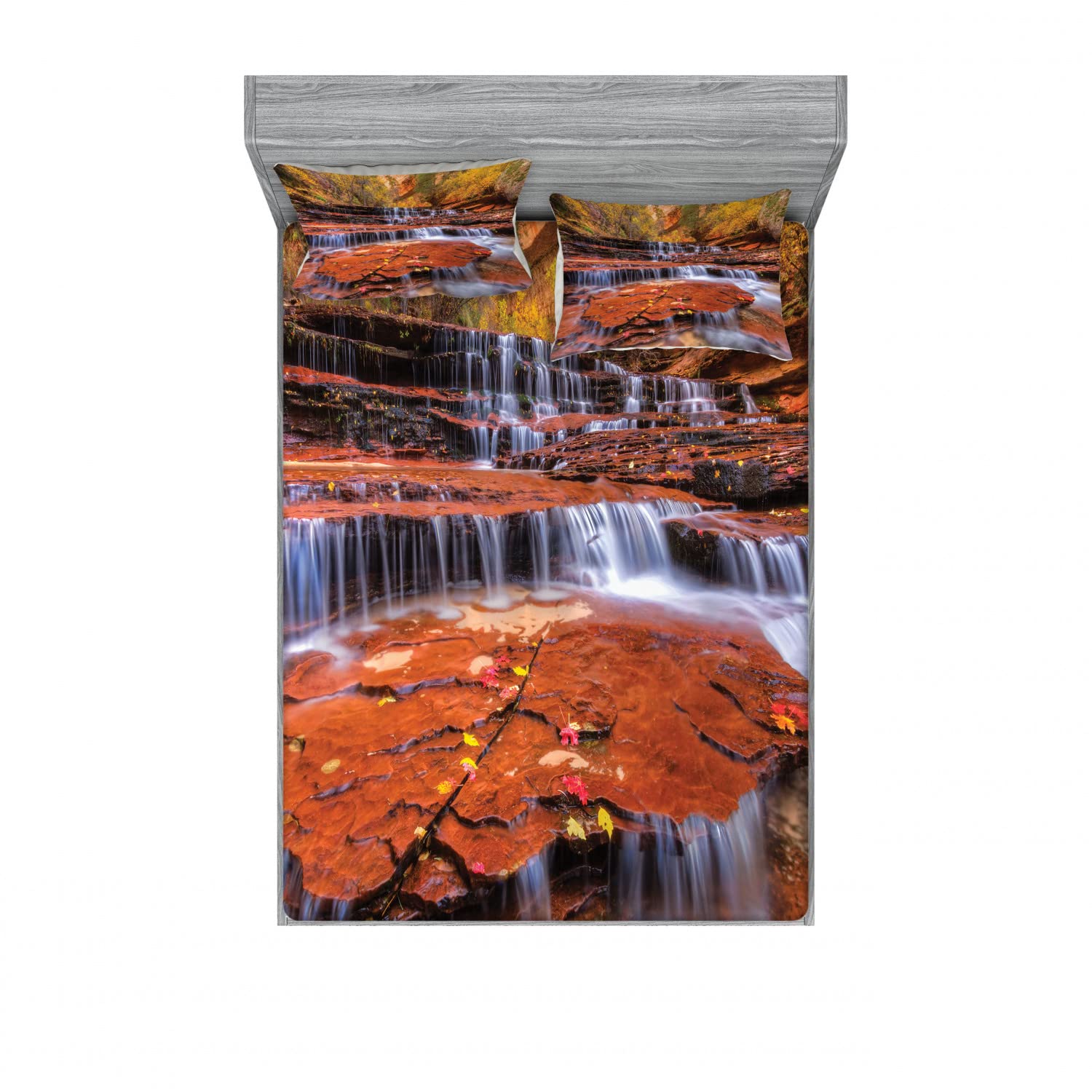 Ambesonne Nature 2 Pack Fitted Sheet & Pillow Sham Set - Waterfall Autumn Design, 4 Piece Bedding Set (2 Twin XL Fitted Sheets & 4 Pillow Covers), Brown - Cozy Fall Bedroom Decor for Autumn Season, Perfect for Guest Rooms & Vacation Homes